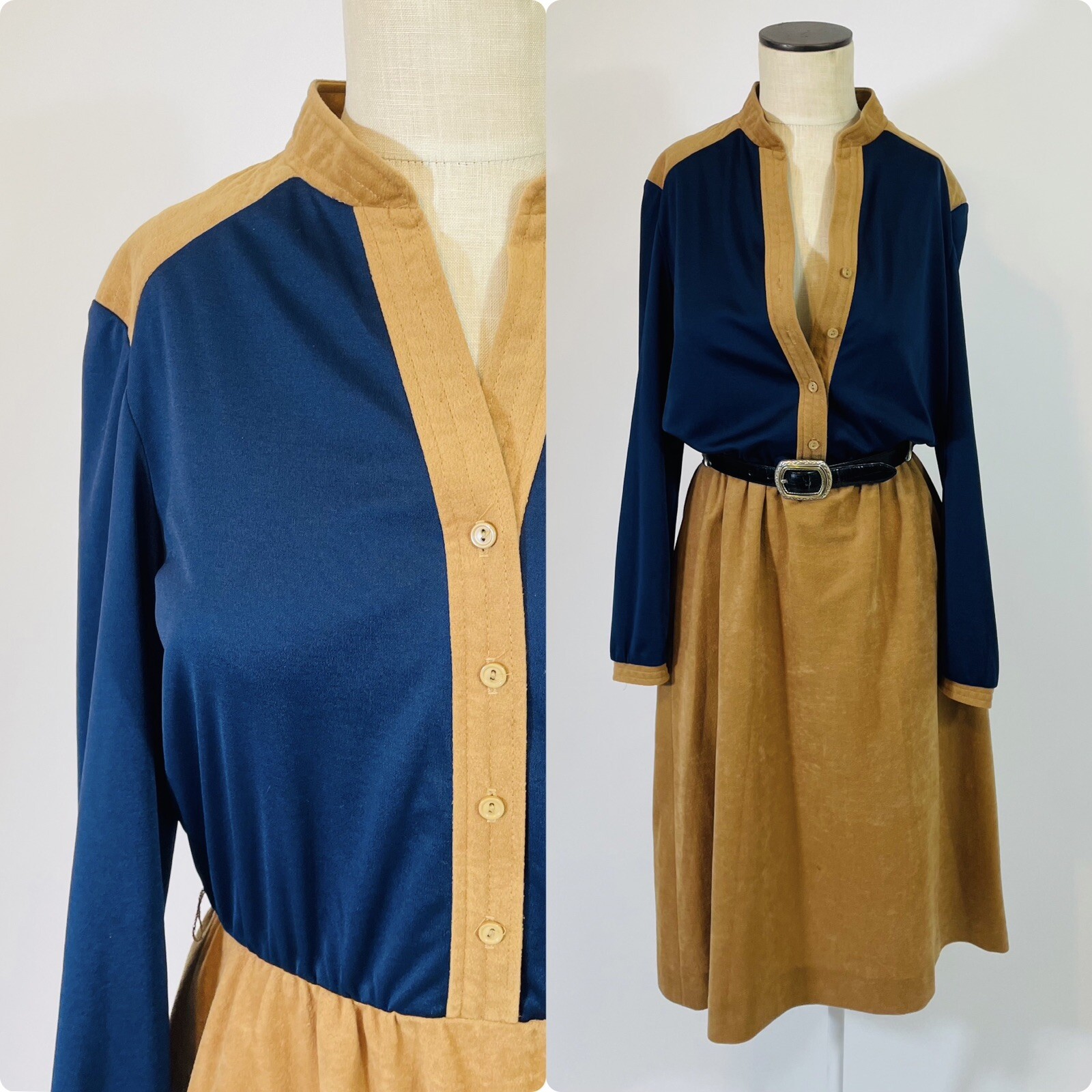 Vintage 60s 70s Kay Windsor Dress M/L Women Color Block Navy Tan Shirt Fit Flare