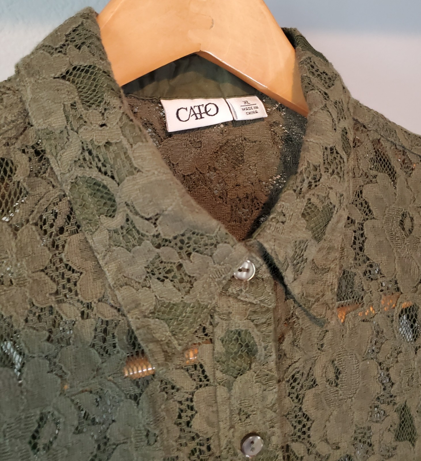 CATO Y2K Olive Green Floral Lace Button Up Shirt Womens XL Boho Goth