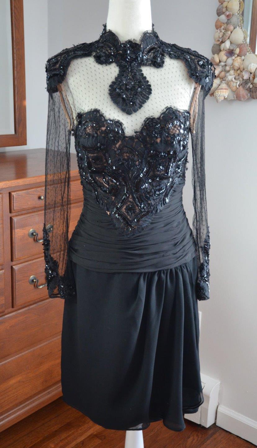 Vtg RUBEN PANIS Jarin Couture Black Silk Beaded Illusuion Lace Cocktail Dress XS