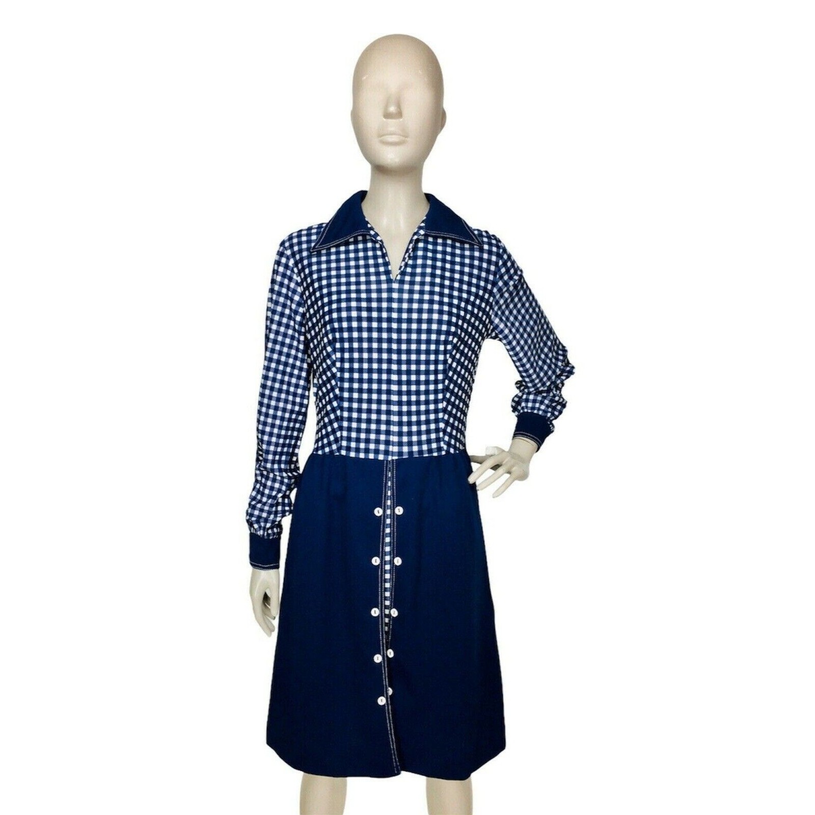 Vintage 60s MOD Academia Blue White Gingham Peekaboo A-Line Dagger Collar Dress
