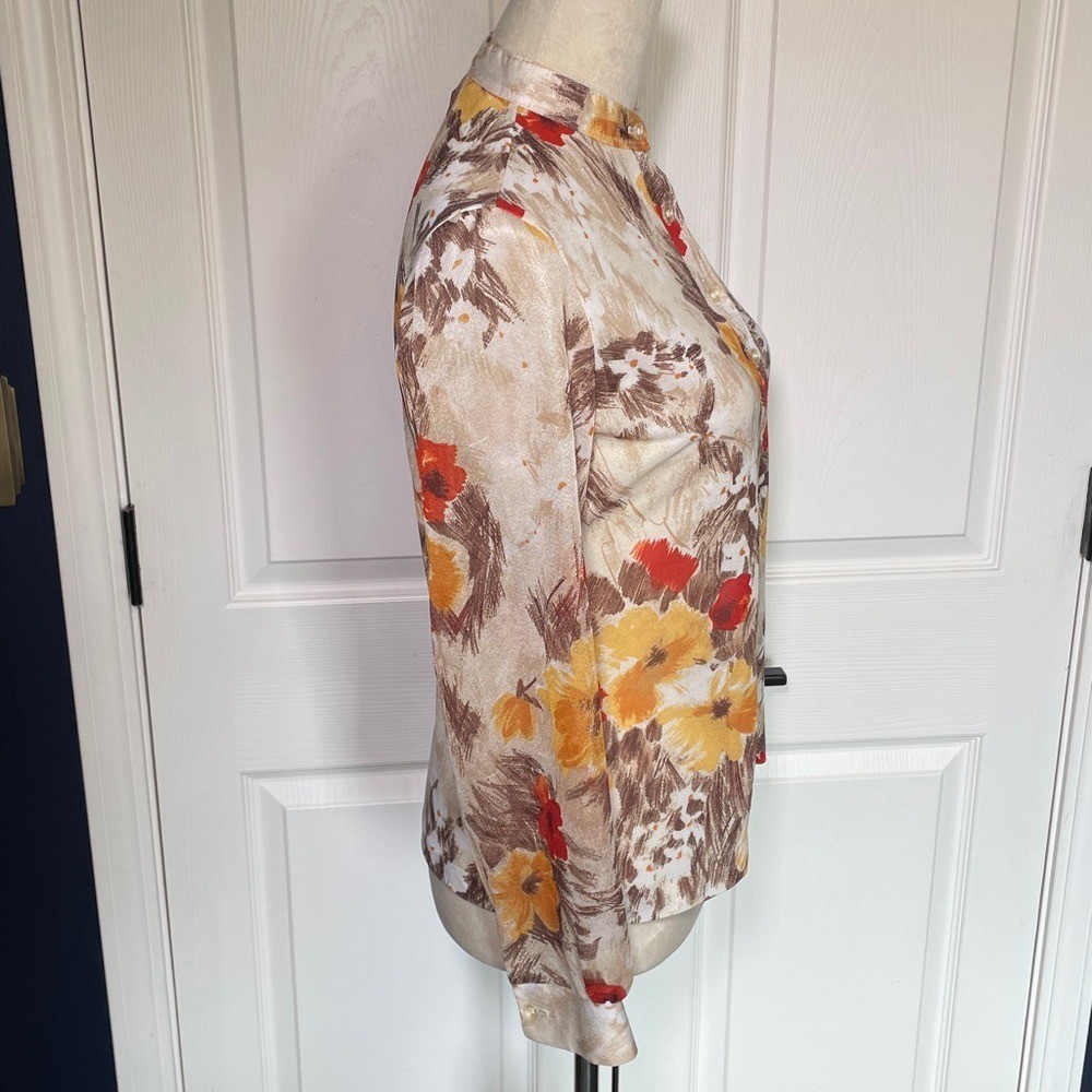 Vintage Russ Togs Floral Long Sleeve Tab Collar 70s Blouse 1/2 Button Front