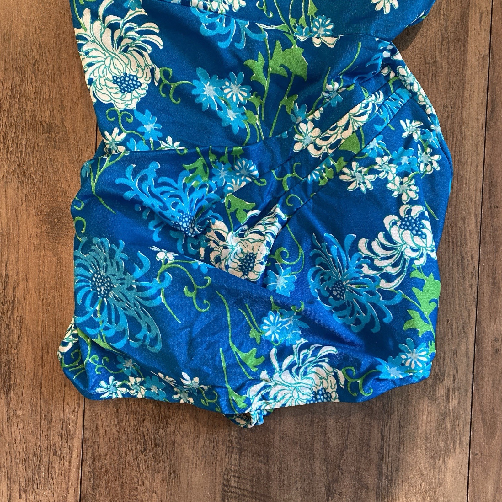Vintage Mid Century 1960s Pin Up One Piece Aqua Blue Floral Swimsuit Size 34B