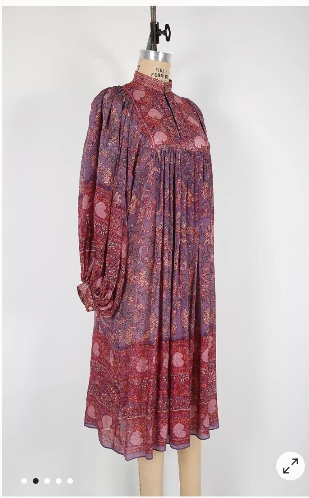 70s Vintage Ritu Kumar Judith Ann Silk Floral Block Print Midi Dress Bohemian
