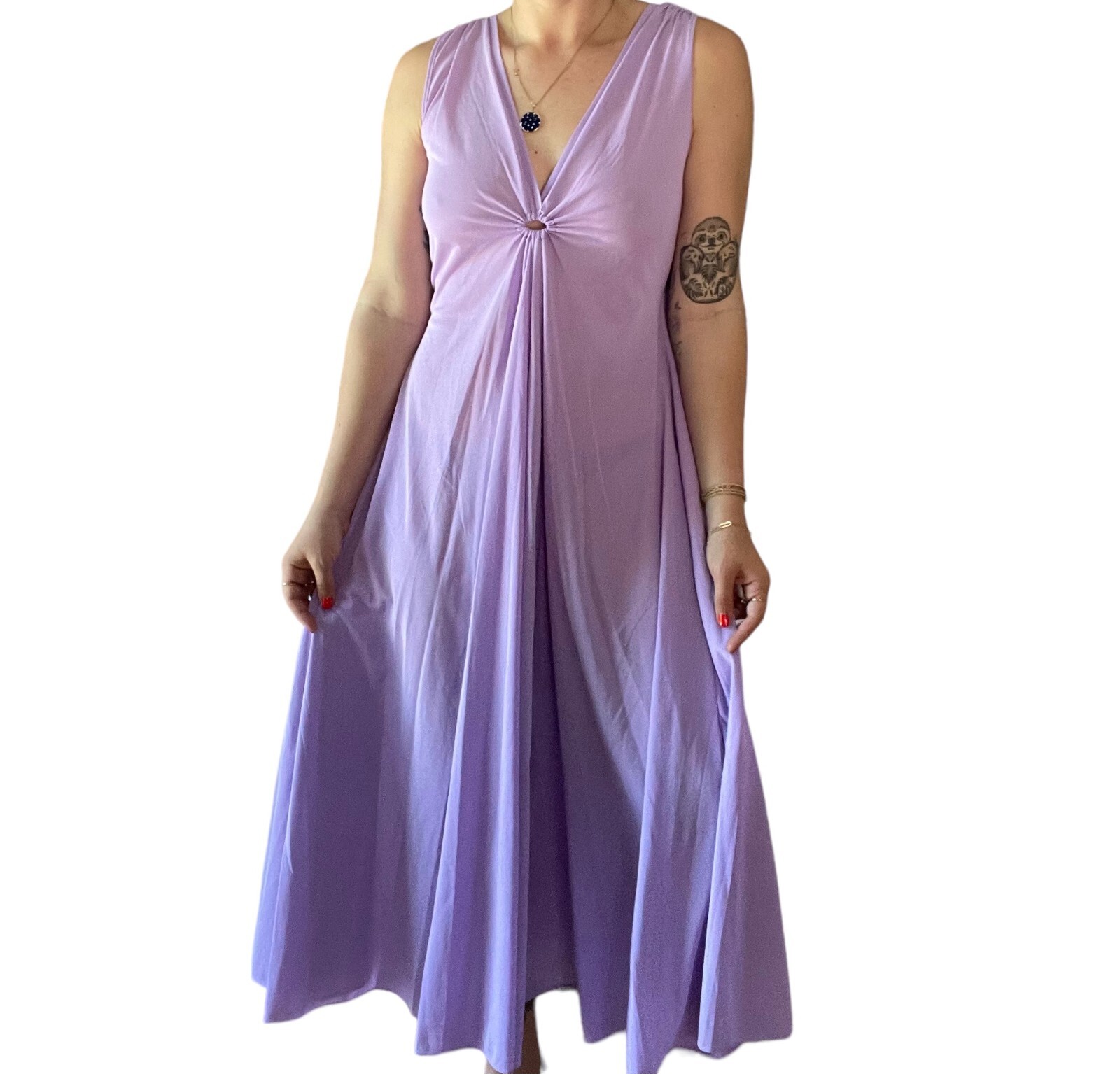 Vintage 1970s Womens Lavender V Neck Retro Disco Mid Mod Maxi Dress Sz M