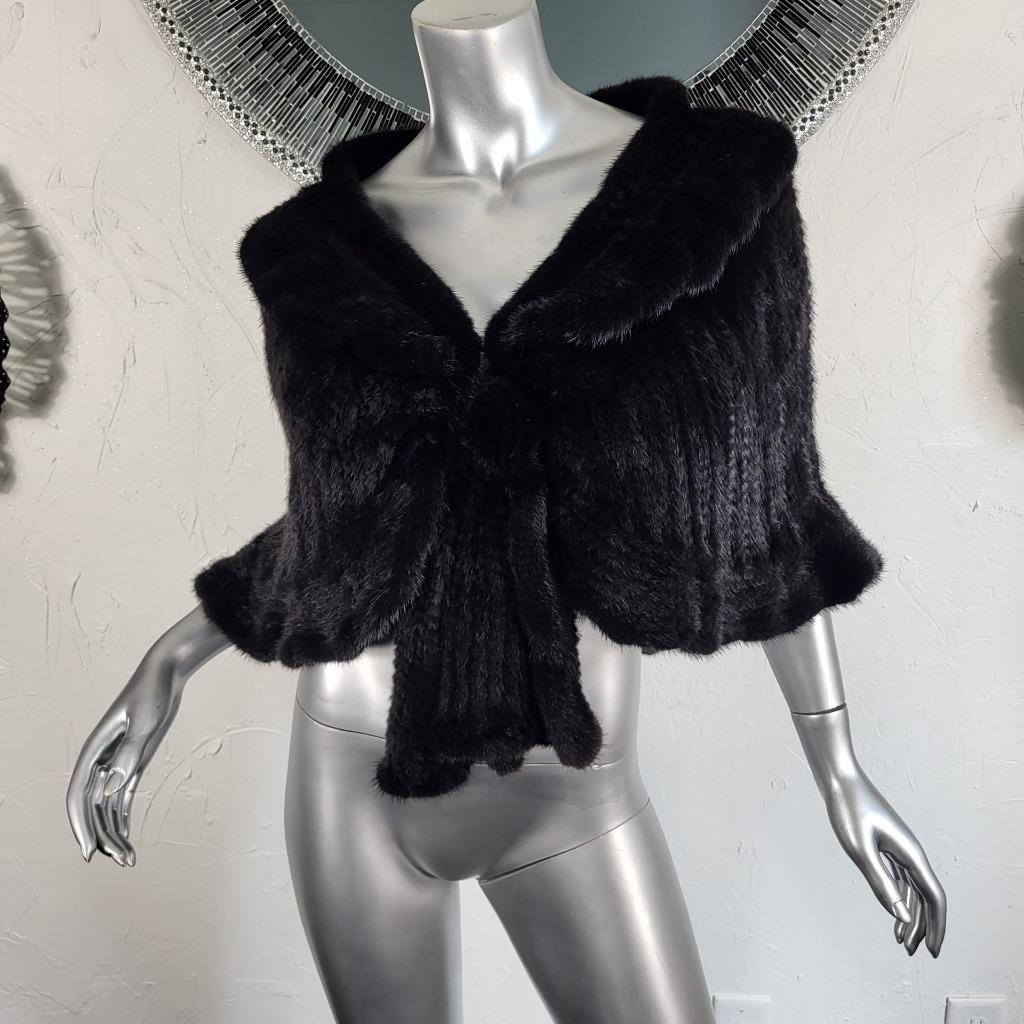 SAKOWITZ~S/M/L~VINTAGE BLACK KNITTED GENUINE REAL MINK FUR STOLE WRAP CAPE COAT