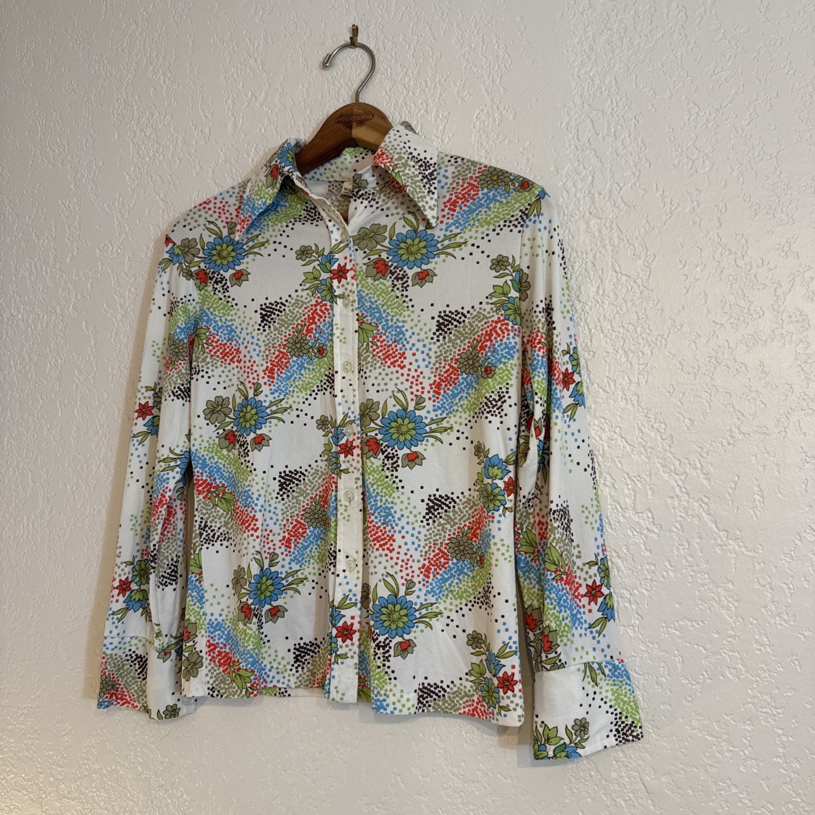 Robert Firenze Butterfly Collar Blouse Small – Floral Geometric Print Nylon NWOT