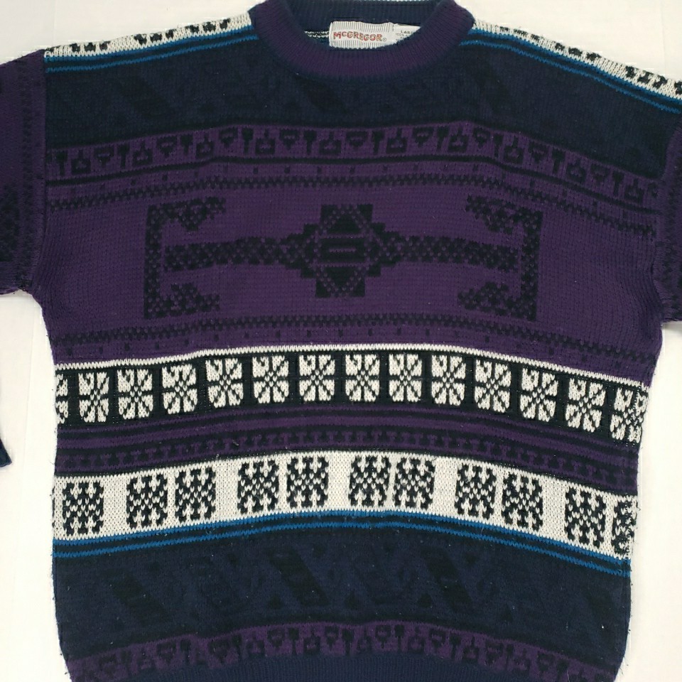 Vintage 90s McGregor Sweater Purple White Geometric Knit Men’s Sz Large EUC