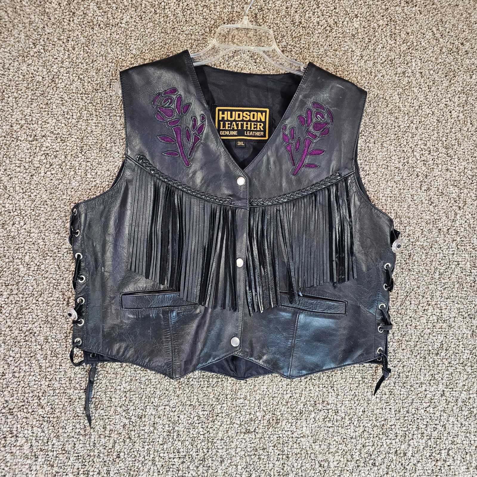 Vintage Hudson Leather Vest Womens Actual XL Snap Button Roses + Fringe Harley