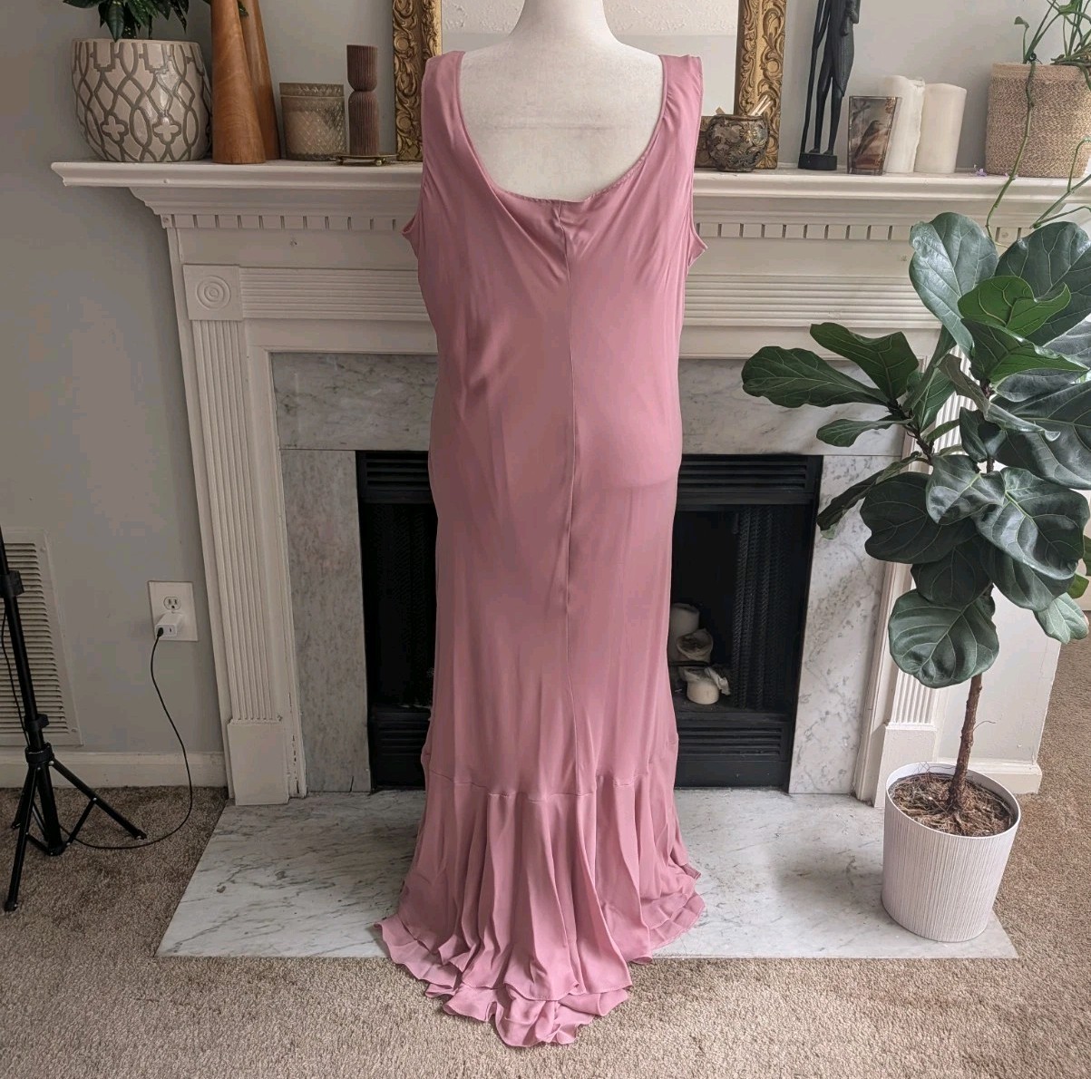 Vintage 90s Y2K Dusty Pink Beaded Column Dress Size 3X Maxi Ruffle Occasion MOB