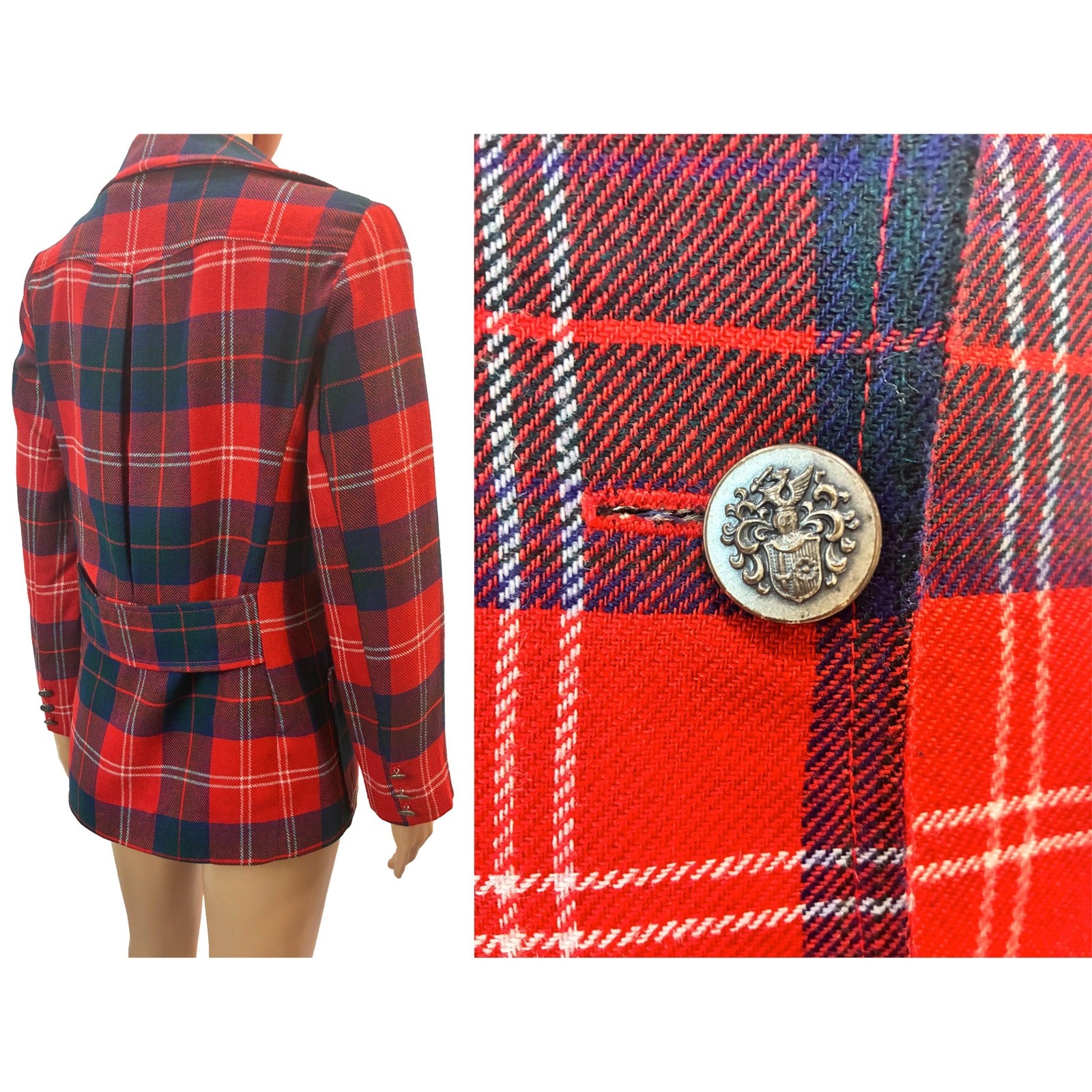 VTG 70s Red Tartan Plaid Blazer Riding Jacket Wool Blend Small