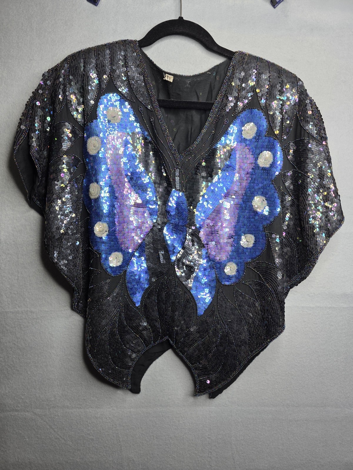 Vtg Sequin Top Silk Ladies L XL Butterfly Blue Purple Black Beaded Padded Should