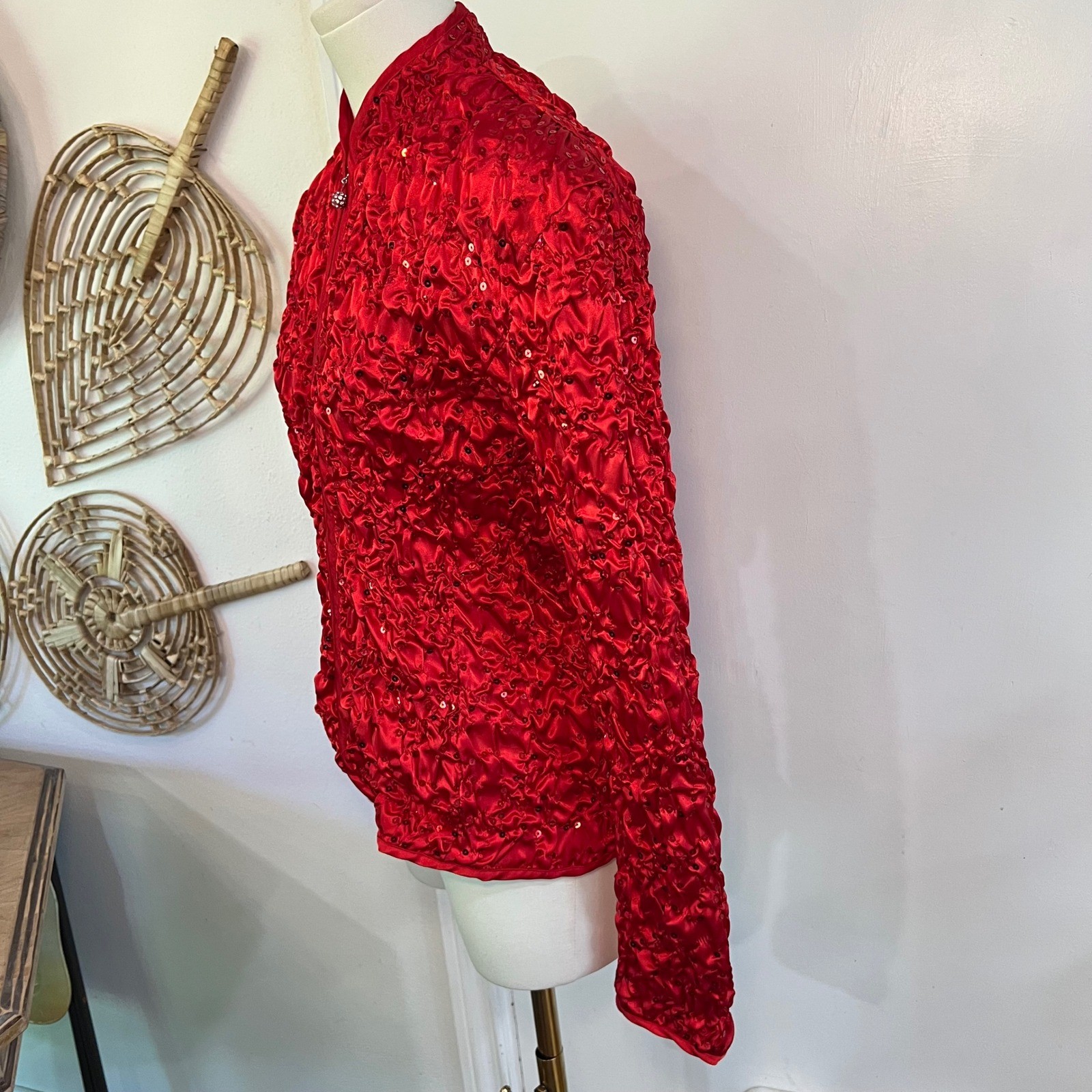 Vintage J.B.S. Ltd Red Ruched Beaded Sequin Zip Up Jacket Party Glam Y2K Small