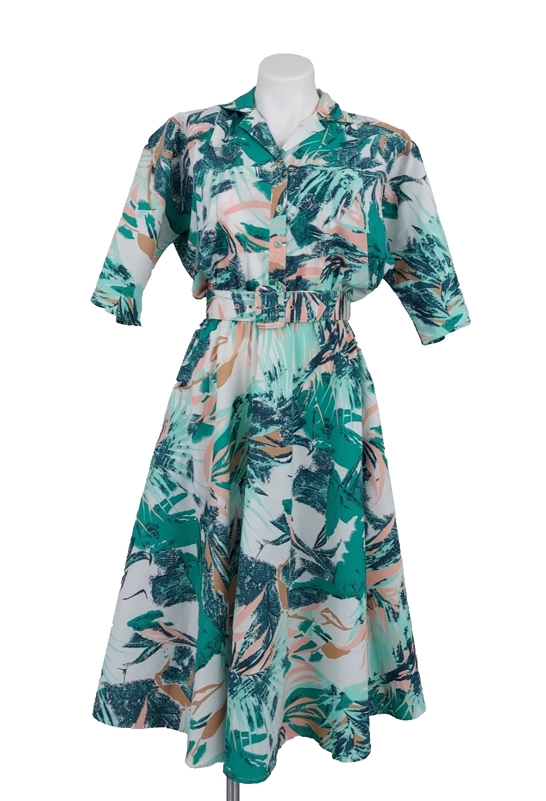 Vintage 80s Caliche Abstract Shirt Dress Belted Teal Button Front Midi Sz 8