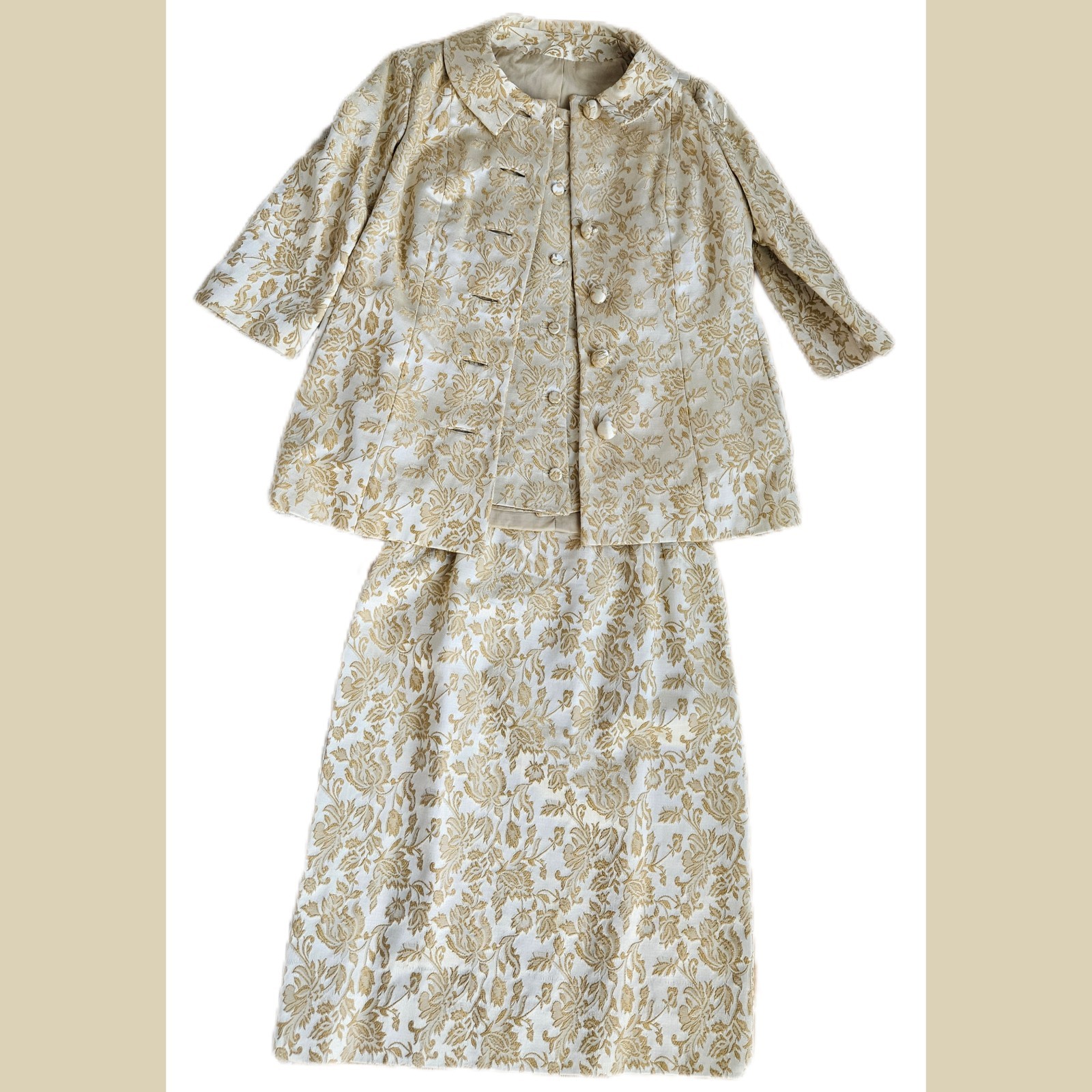 Vintage ILGWU Brocade Floral Jacket Top & Skirt Suit Beige Gold 1960s