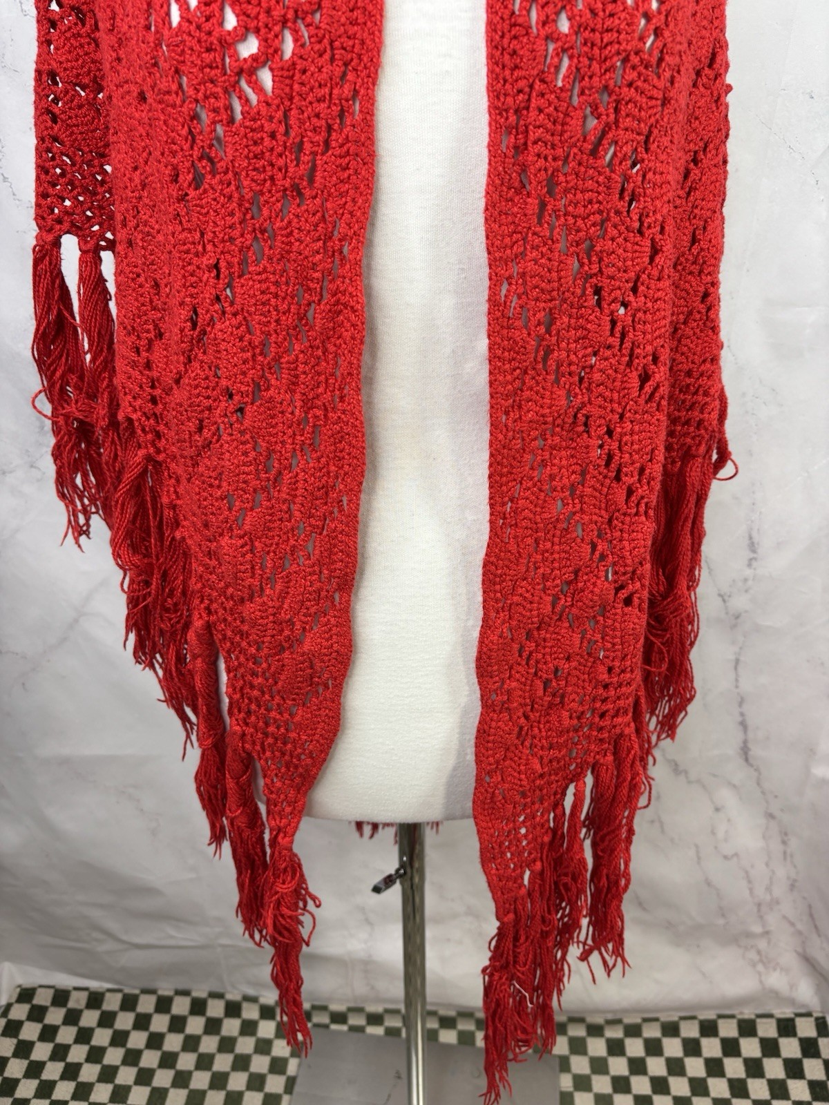 Vintage 70s Crochet Knit Shawl Red Cape Wrap cottagecore Boho Hippie Festival