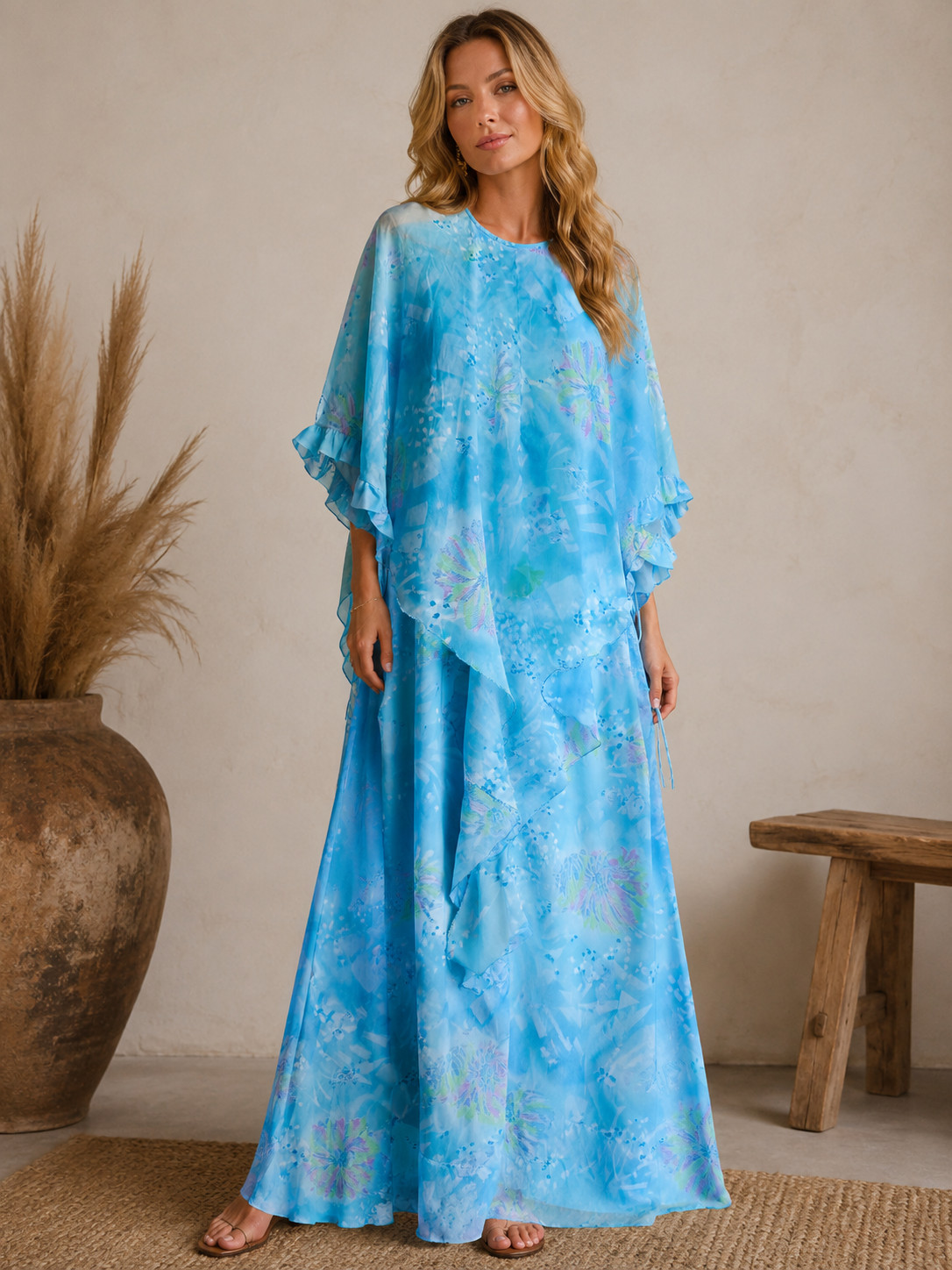 Vintage Sky Blue Maxi Dress With Cape Bodice Modest Mother of Bride Wedding S