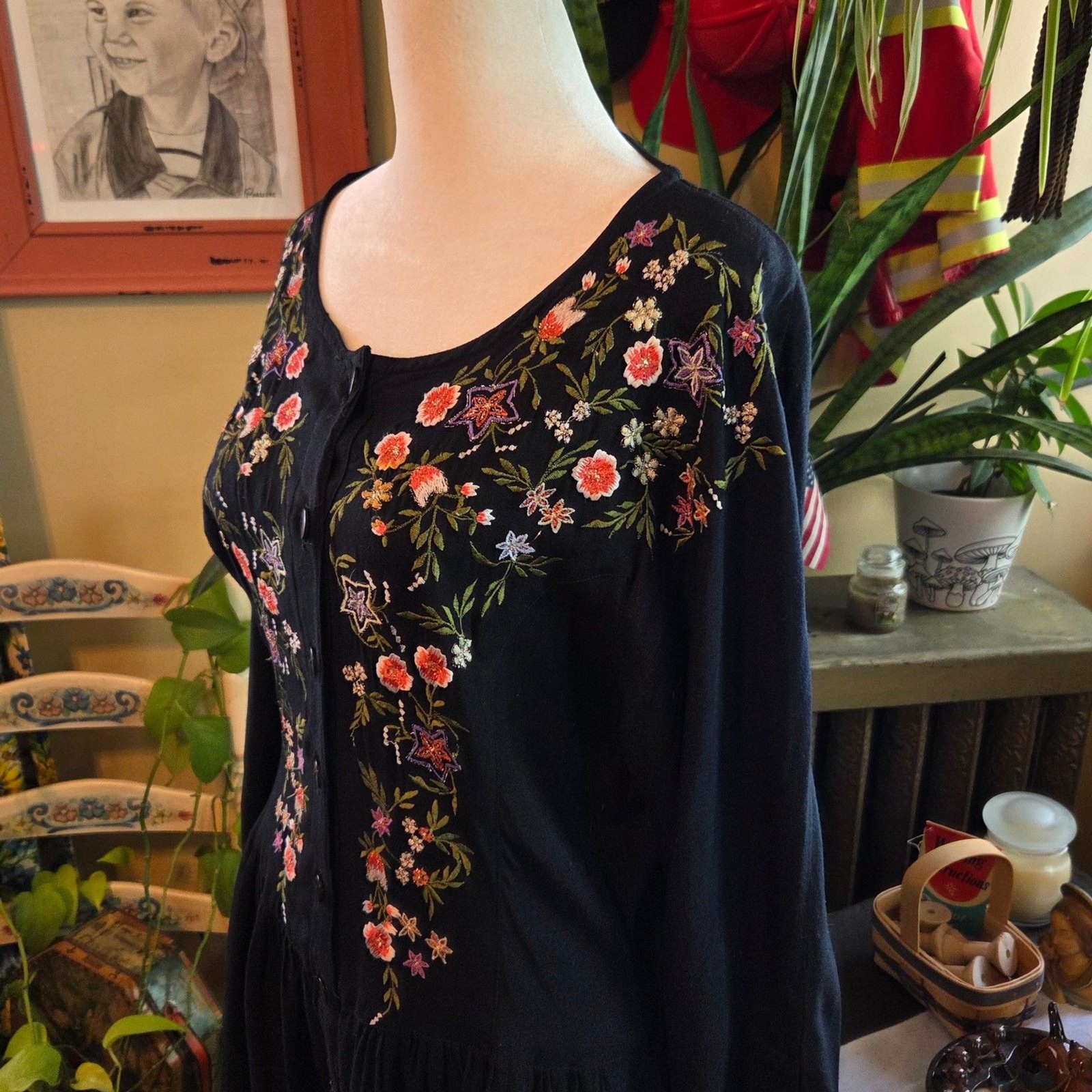 Vintage 90s Passports Pier 1 Imports Cottagecore Embroidered Dress Black Medium