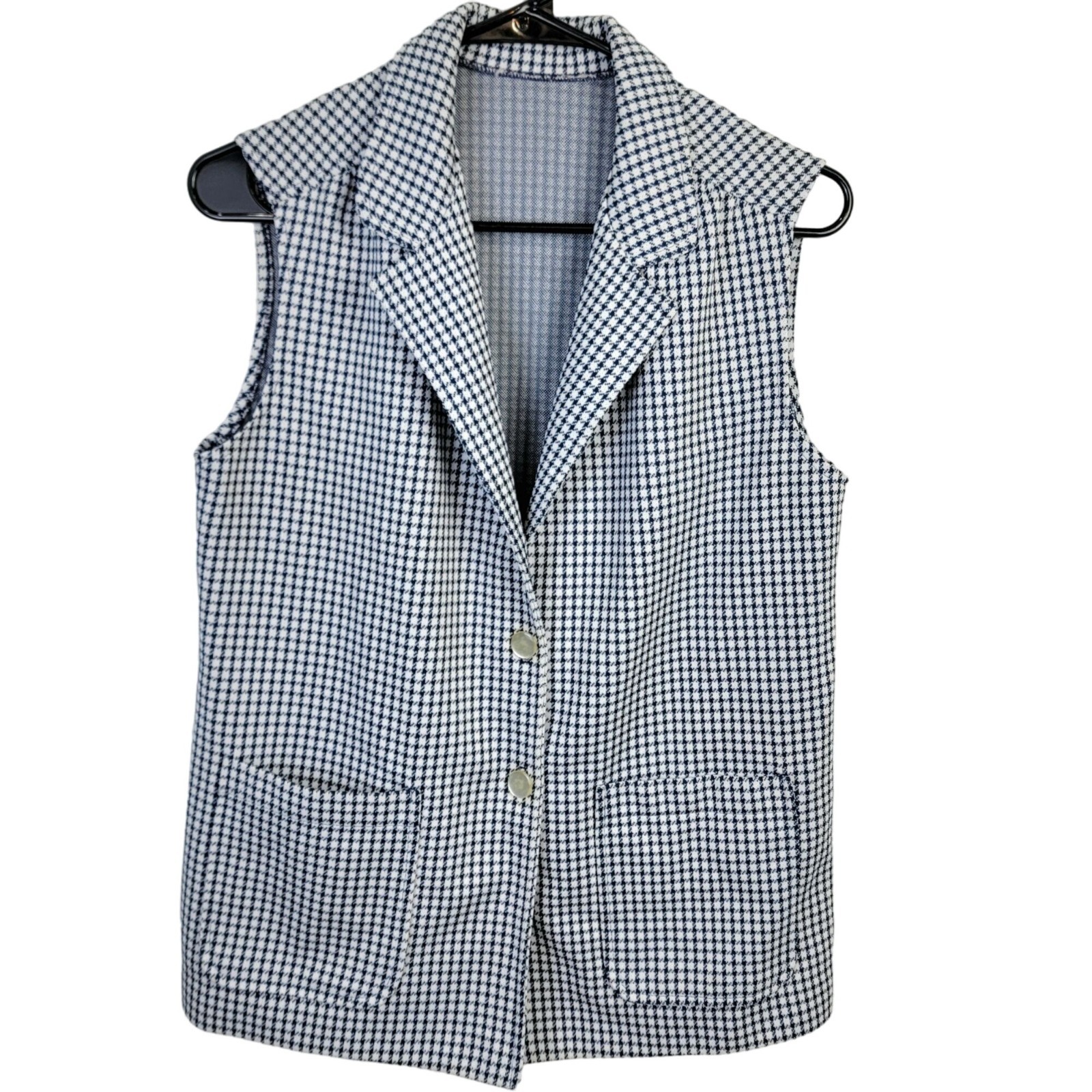 Vintage 70s Vest Jacket Women Medium 8 10 White Blue Top Collar Gingham Retro M