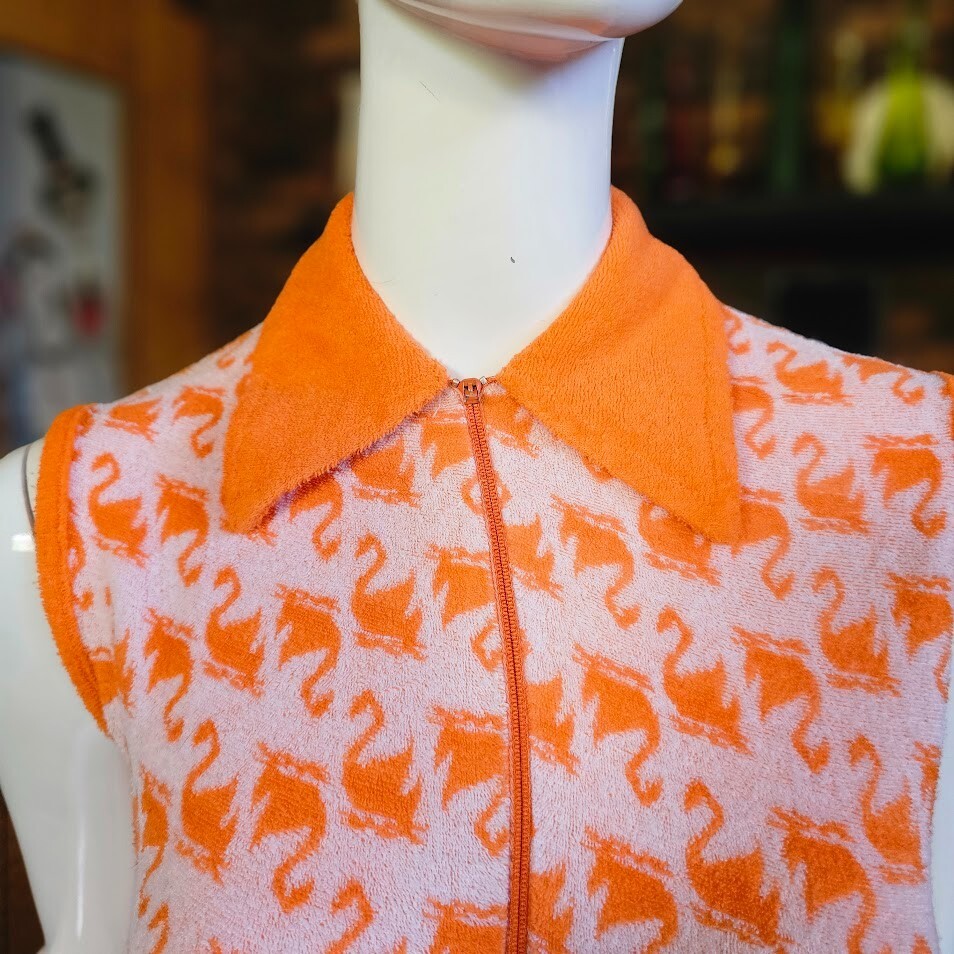 Vtg 70s Mod Go Go Terry Bodysuit Novelty Loch Ness Print Hot Pants Playsuit S/M