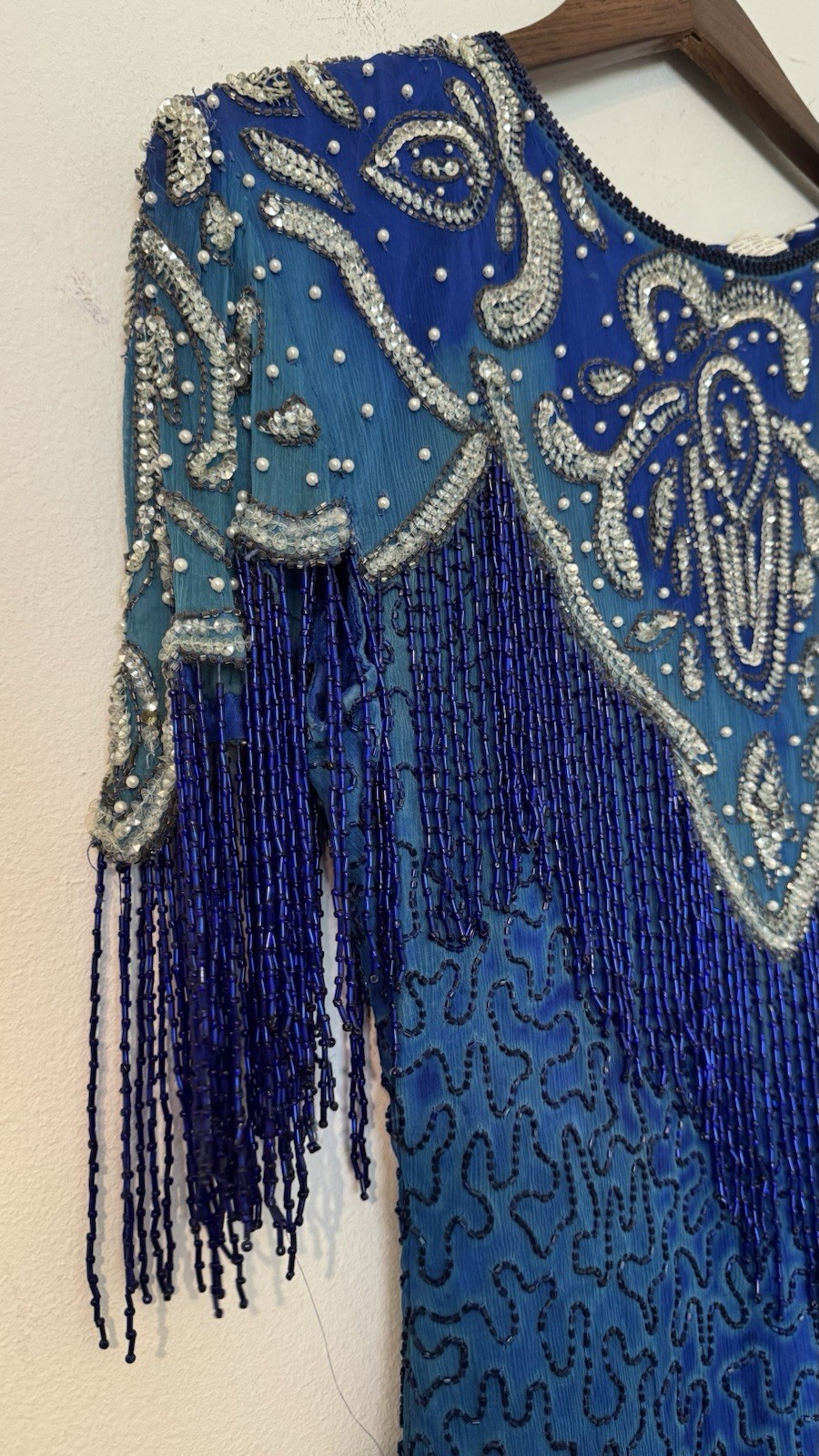 Sweelo Sequin Beaded Silk Formal Evening Dress 8-10 Fringe 80s Vintage Gatsby