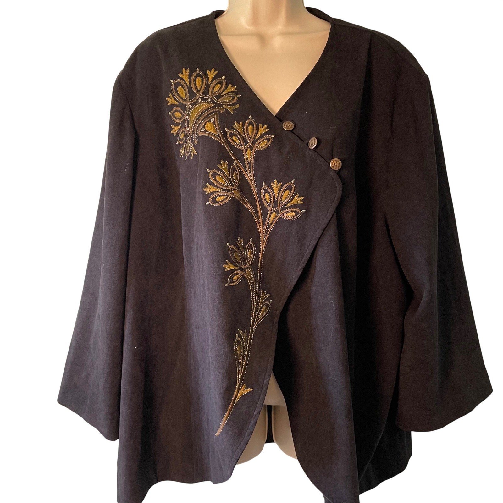 VTG Bob Mackie Embroidered Floral Jacket 3X Black Long Sleeve Button Closure