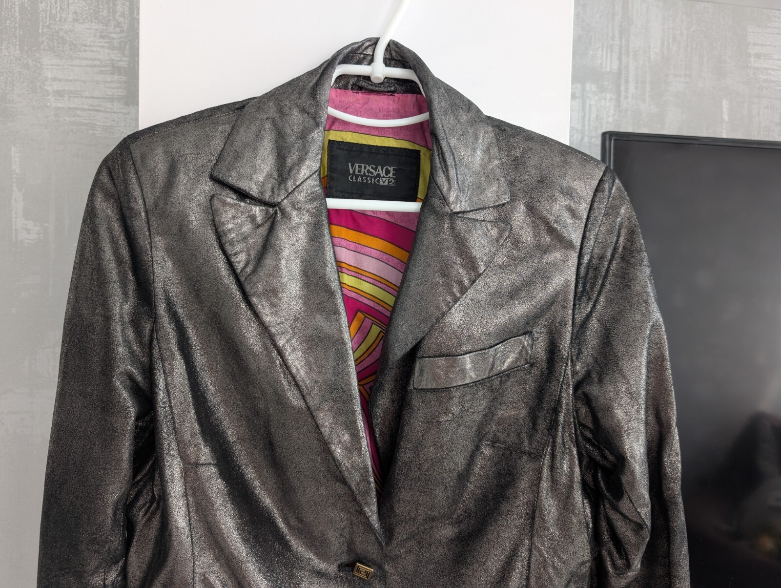 Versace Classic V2 Soft Shiny Leather Jacket Blazer Iridescent Metallic Gray M