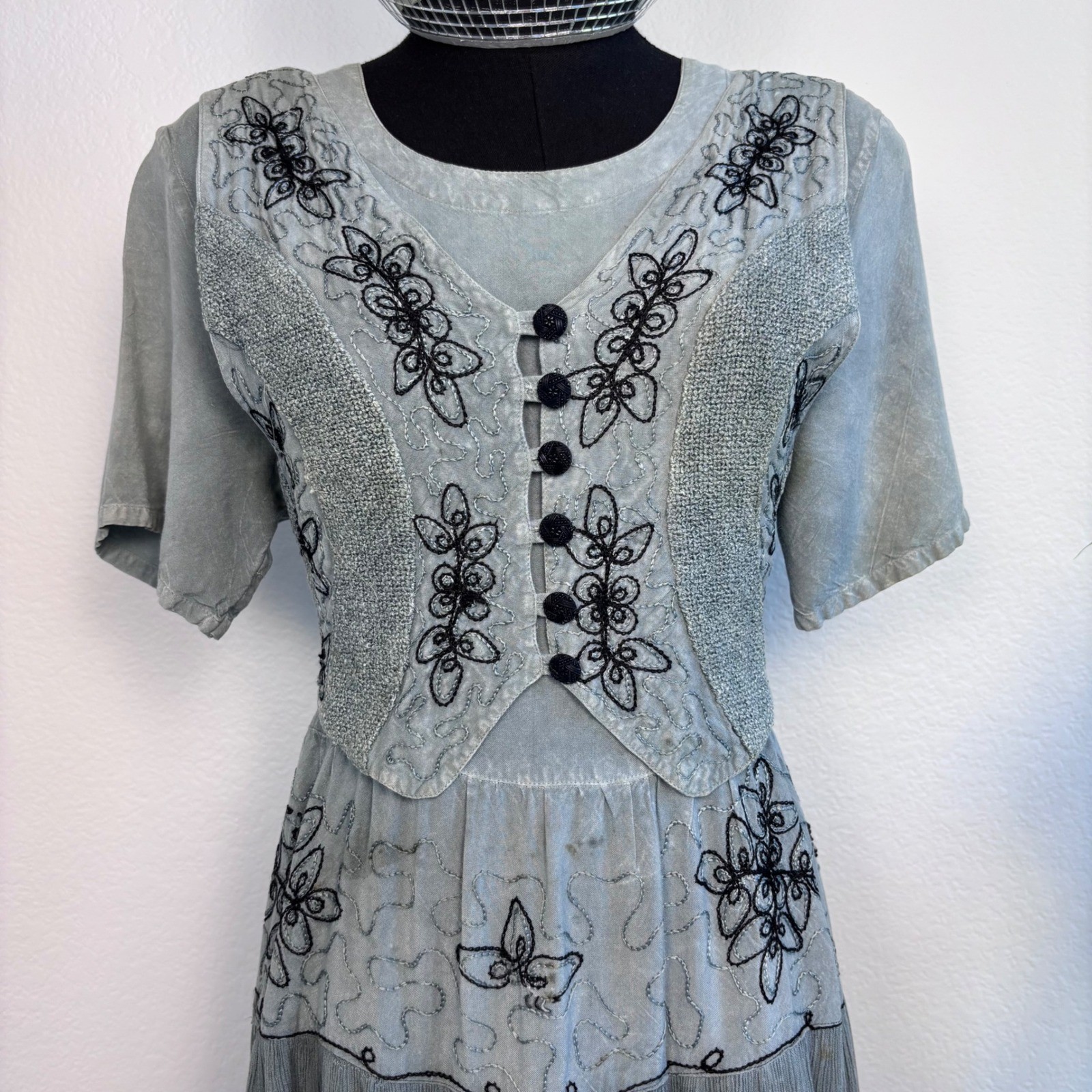Vintage Cottage Blue Grey Embroidered Tiered Midi Dress, Medium Boho Ren Faire