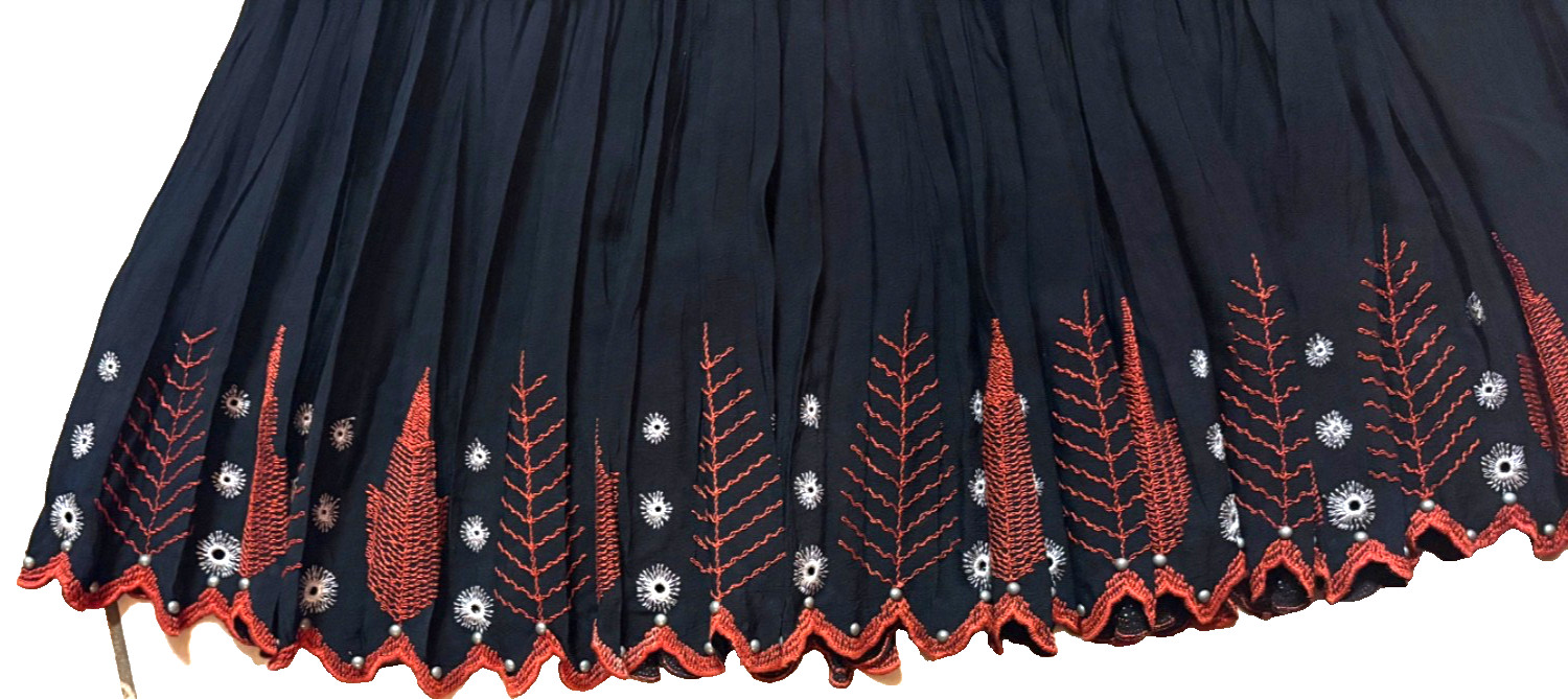 Vtg DOUBLE D RANCH WEAR Maxi BLACK CRINKLE BROOMSTICK SKIRT Embroidered RED S!