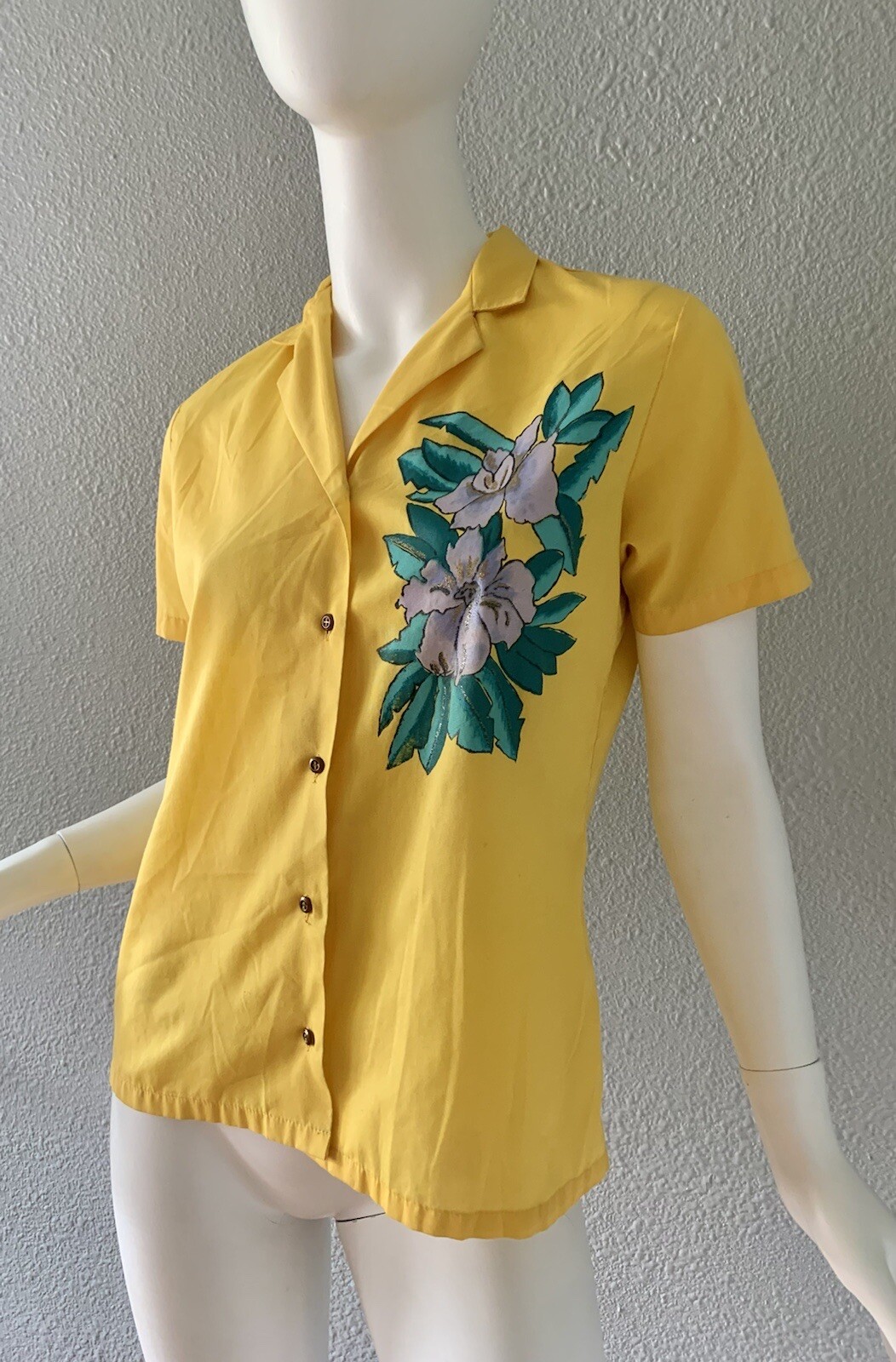 Vintage 70s Yellow Hand Painted Flower Boho Hippie Button Shirt Top M