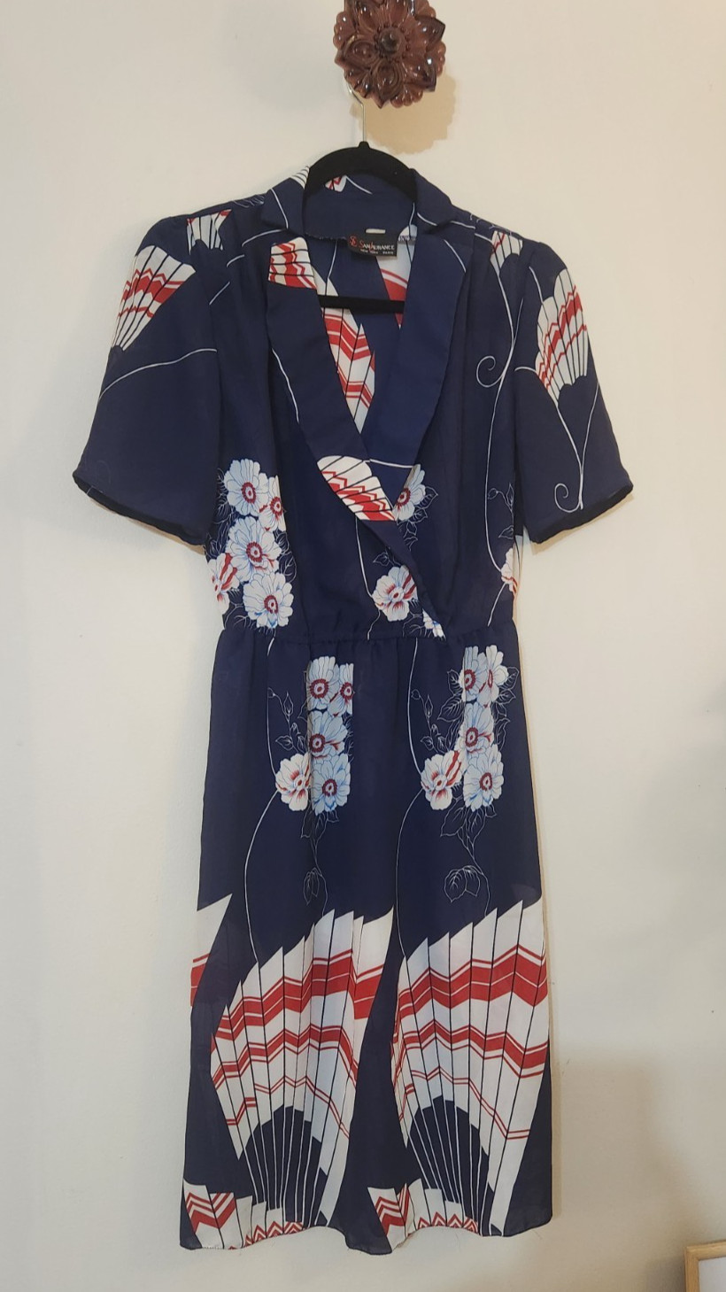 Vintage 80s San Laurance Navy Blue Fan & Floral Print Wrap-Style Day Dress