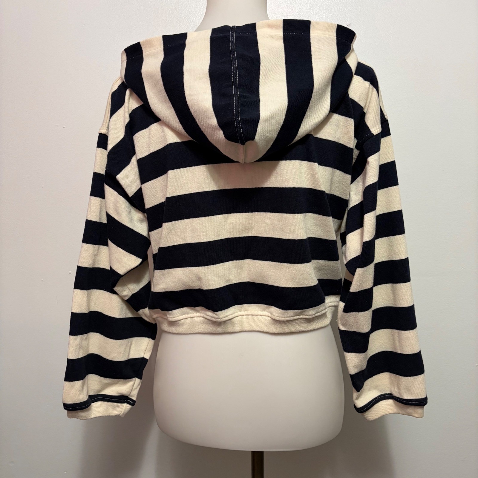 Tarazzia Sport Cropped Hoodie M Navy Cream Stripe Nautical Marin Bleu 90s French