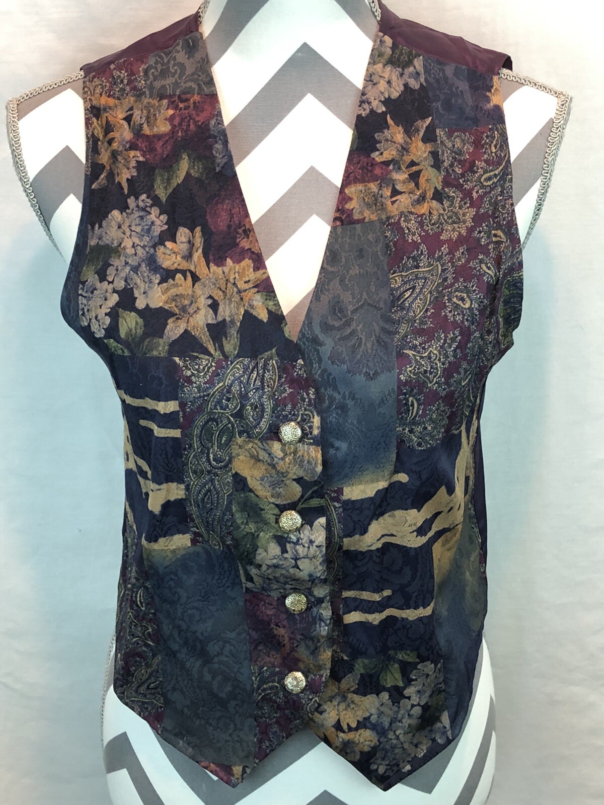 Anxiety Vintage Floral Patch Metal Button Front Vest USA 2336-824 Small ZZZ17