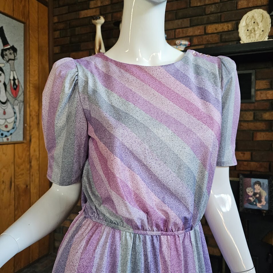 Vtg 80s Puff Sleeve Preppy Disco Studio 54 Rainbow Striped Day Party Dress M/L