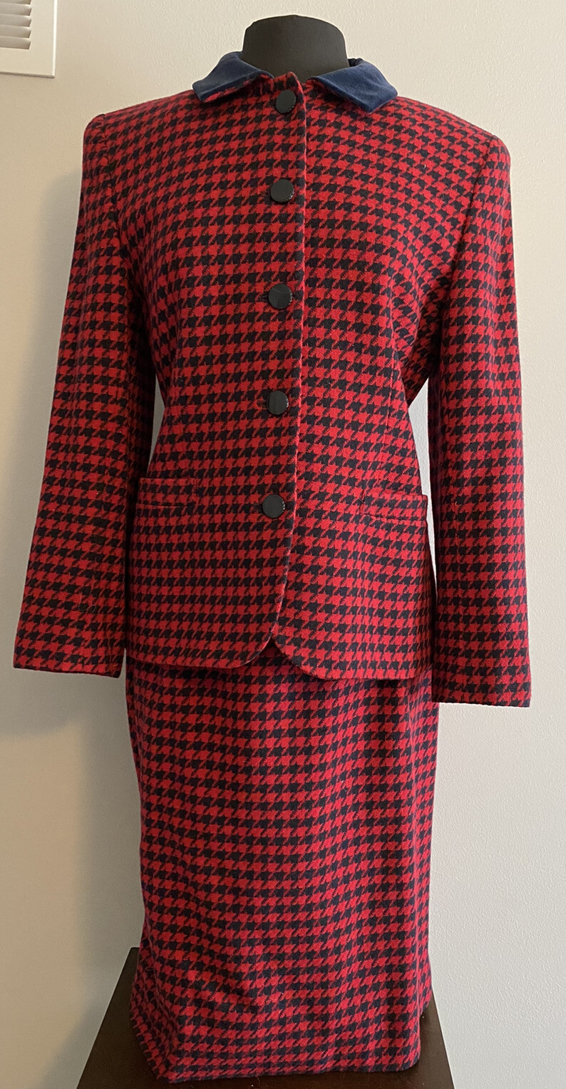 Vintage Rena Rowan for Saville Wool Jacket and Skirt Set Red Navy Houndstooth