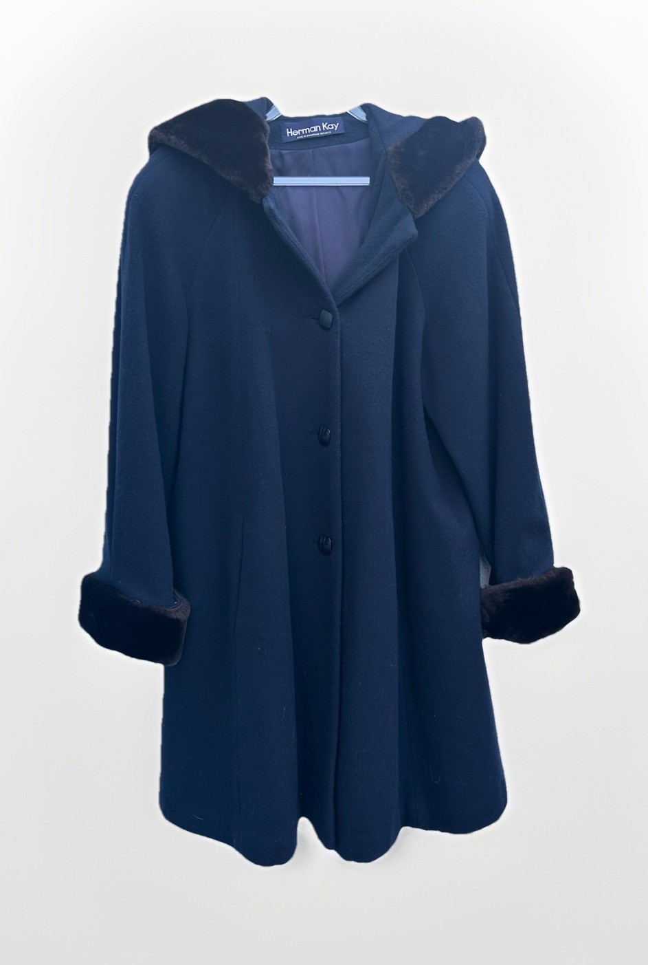 Vintage Coat Women 100% Wool Fur Trim Navy Blue Penny Lane Hood Sz 10 Herman Kay