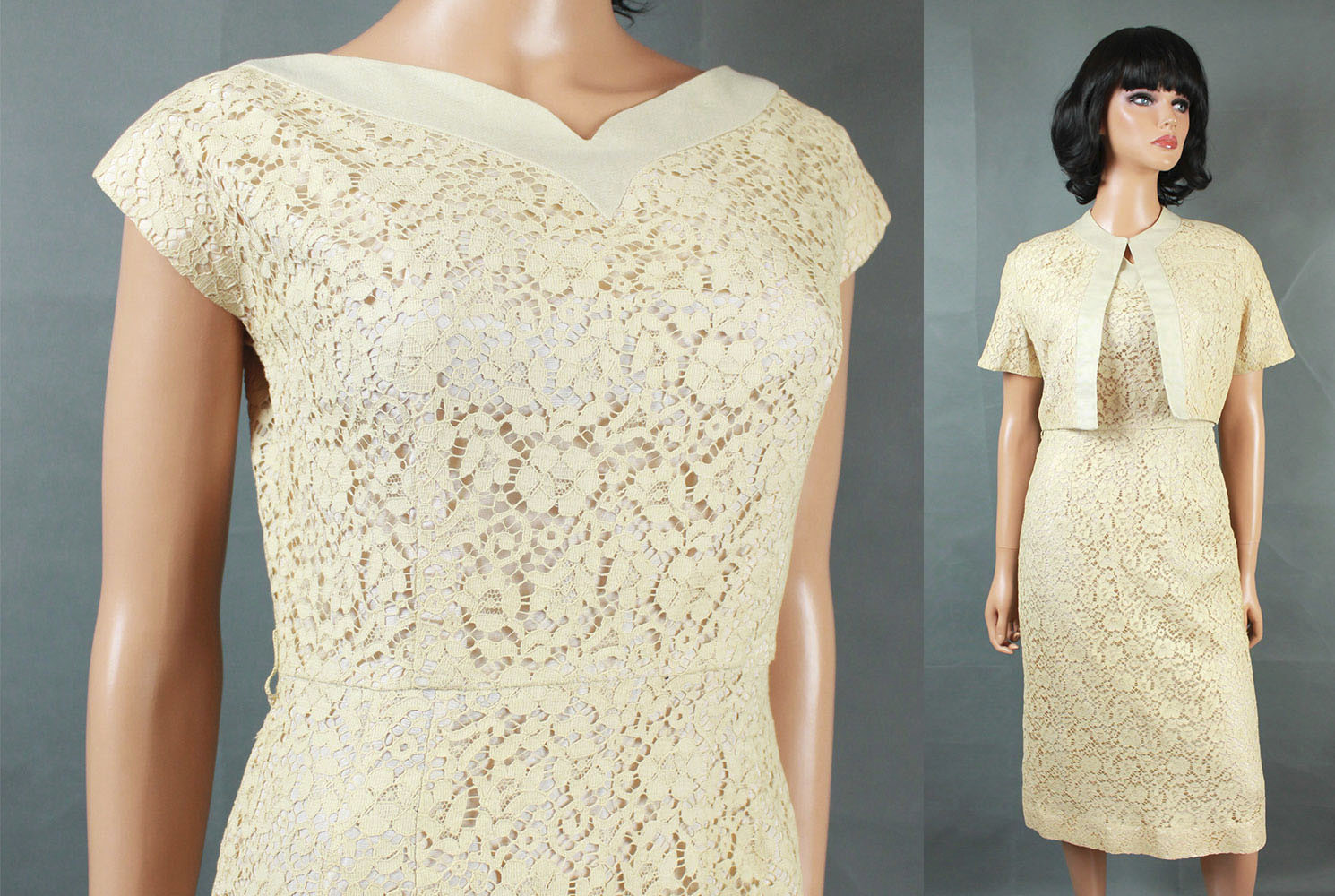 Vintage 50s Dress Jacket Set Sz S Ivory White Beige Champagne Wedding Gown