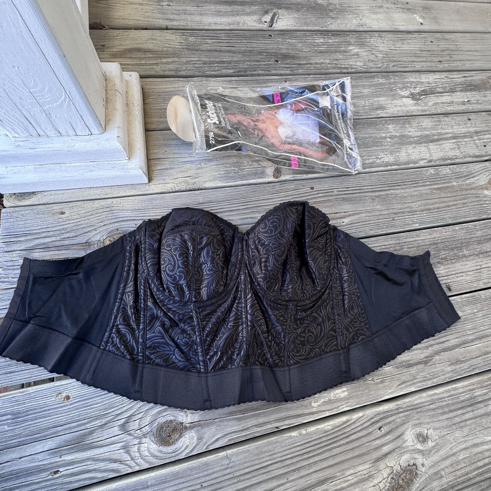 Vintage 90s LongLine Minimizing Strapless Underwire Bra 38DD Black Lycra Spandex