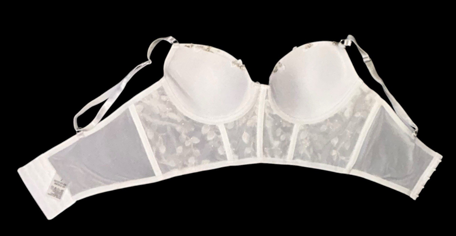 White Gold Metallic Embroidery Sheer Floral Corset Bustier Bra Womens L New