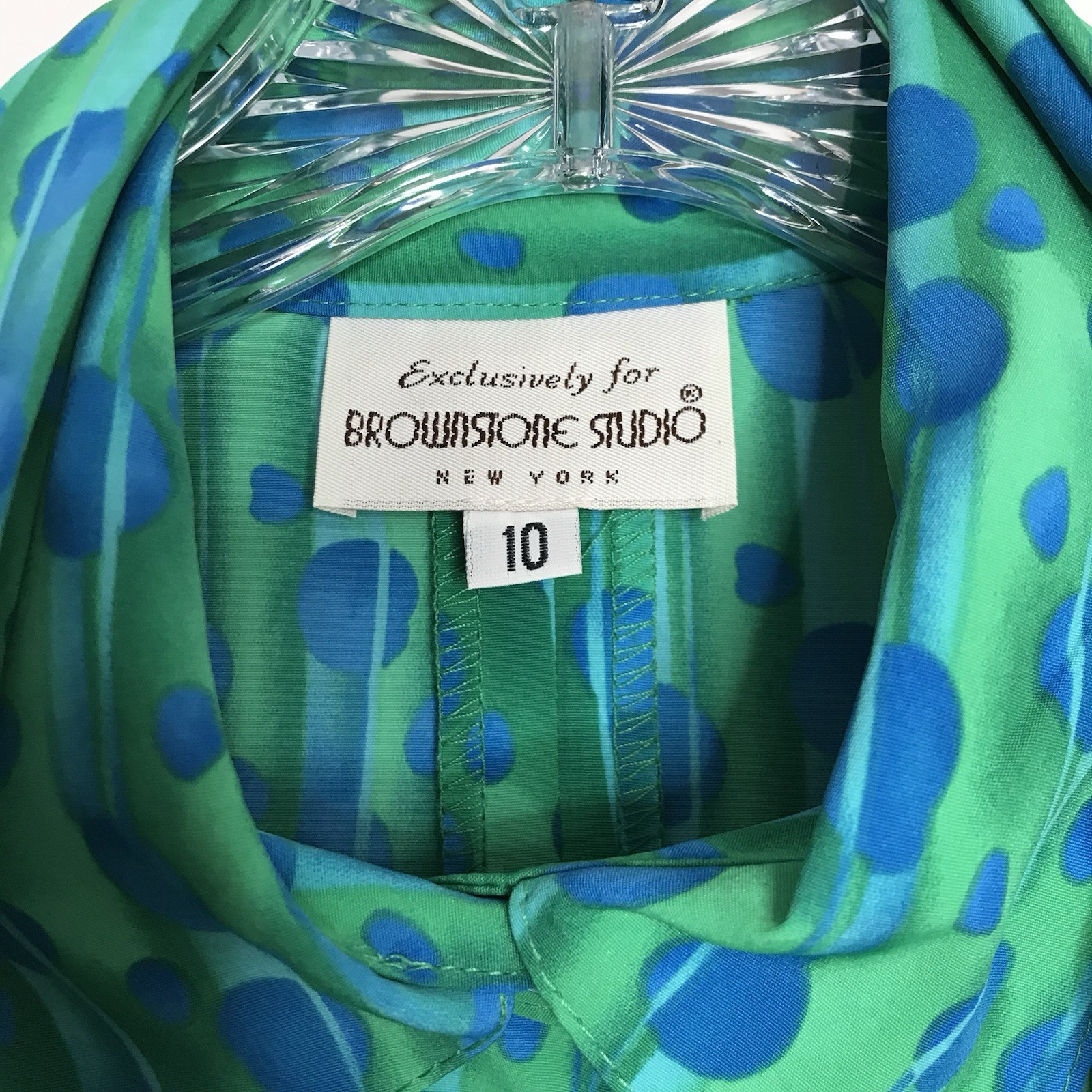 Vintage Dress Sz 10 Long sleeve Abstract Geometric Long Tie Belt Blue Green 70s