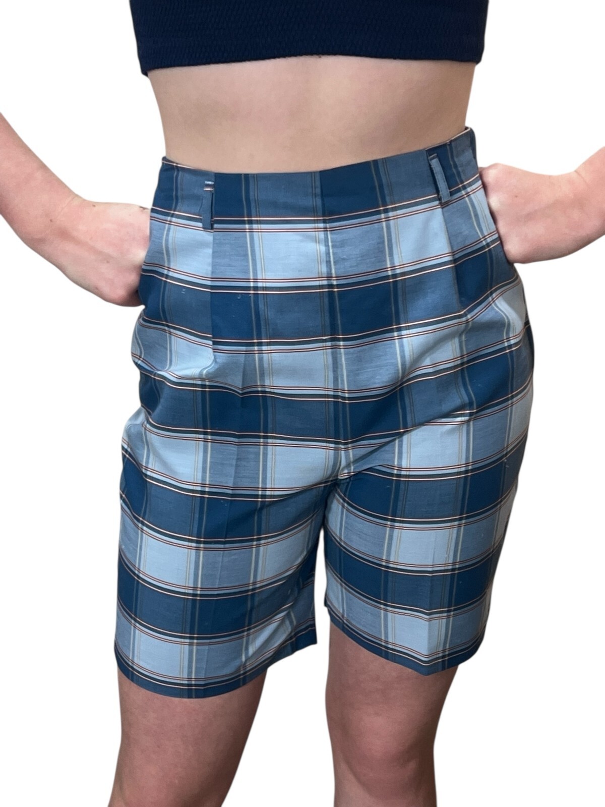 Sz S Vtg 60s Shorts 26 In Waist High Rise Blue Plaid Cotton Bermuda Side Zip
