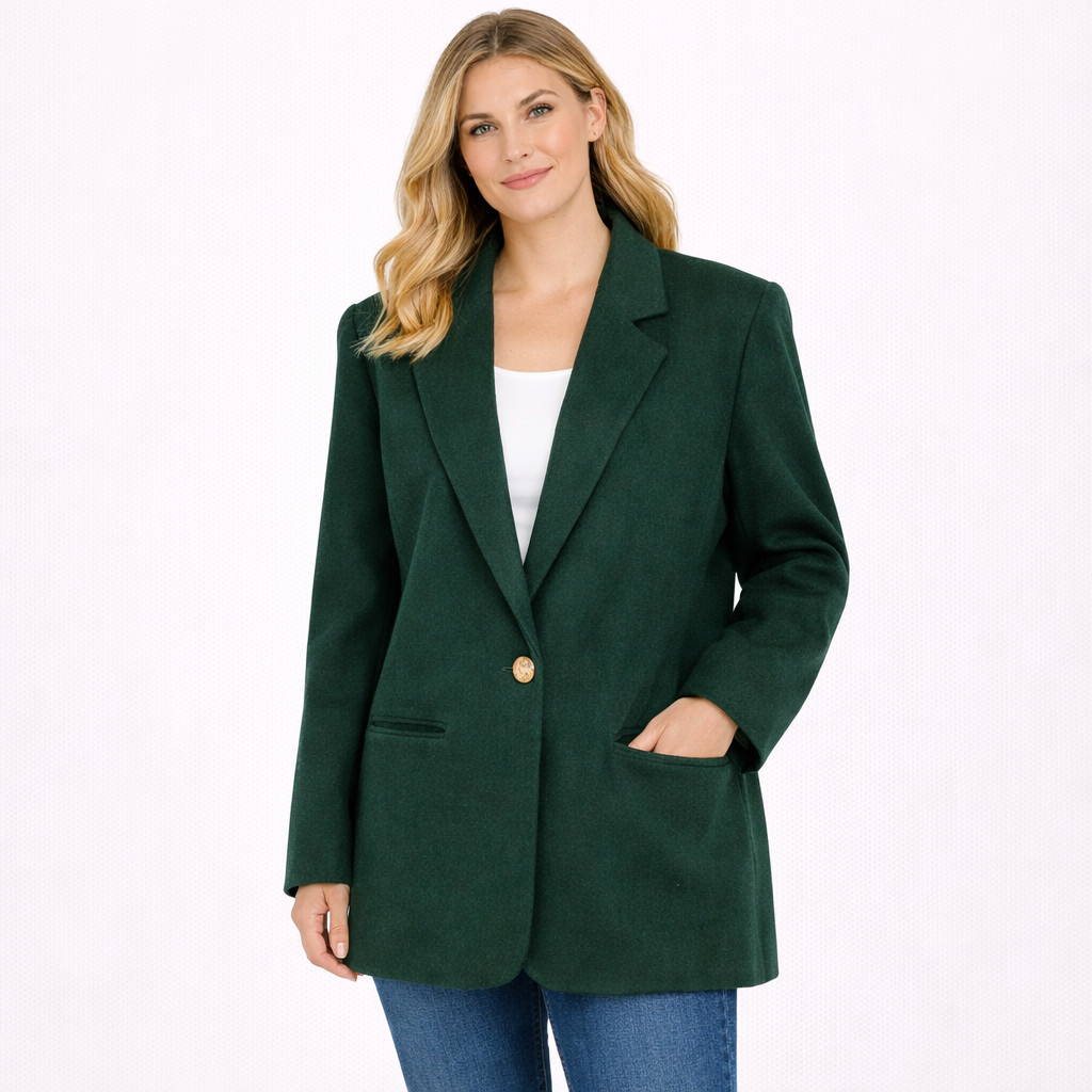 Womens Vtg SAVANNAH Emerald Green Wool Single-Breasted Boyfriend Blazer Sz 12