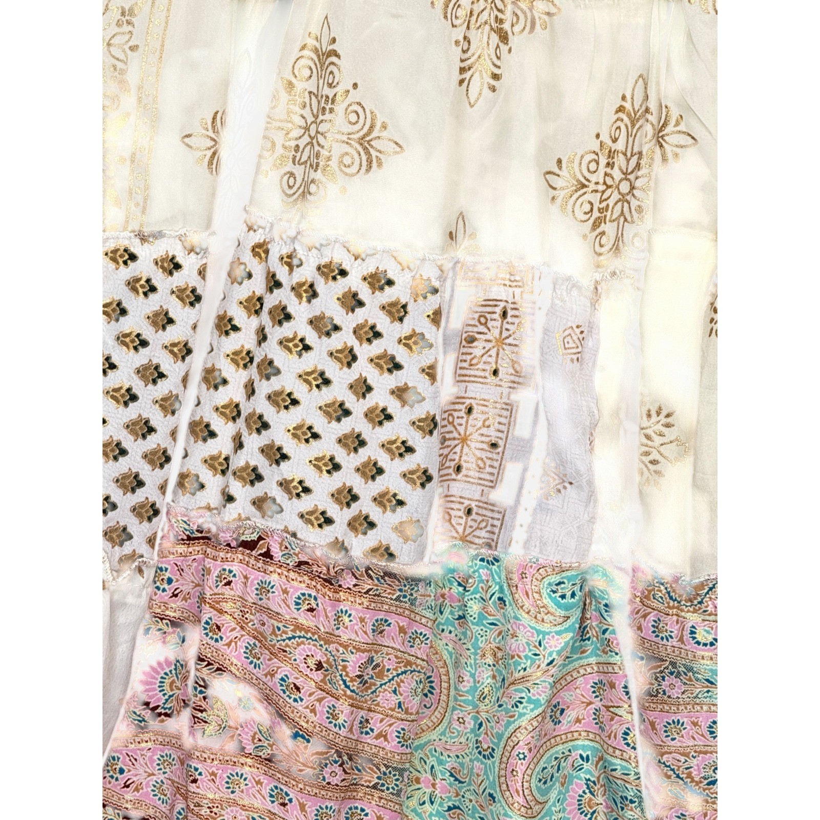 Handmade Boho Patchwork Maxi Skirt Small Cream Gold Paisley Tiered Festival