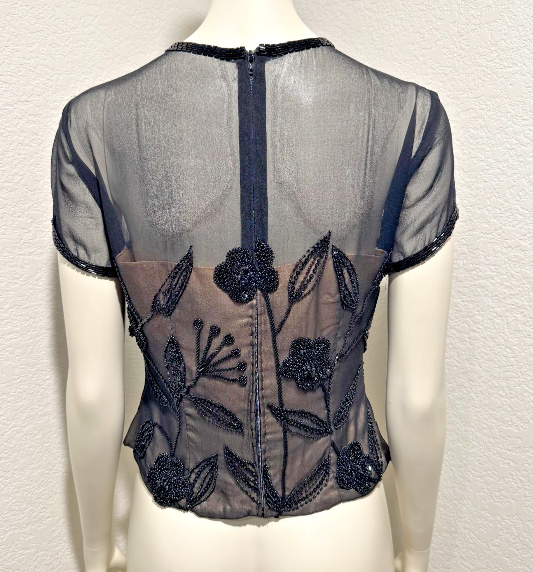 Vtg Adrianna Papell Evening Beaded Silk Top Black Illusion Sheer Nude Lace 6P