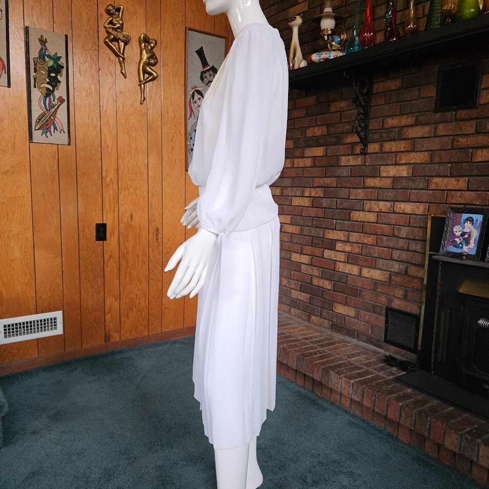 Vintage 80s Sheer Disco Winter White Gold Glitter Flame Blouson Party Dress S/M