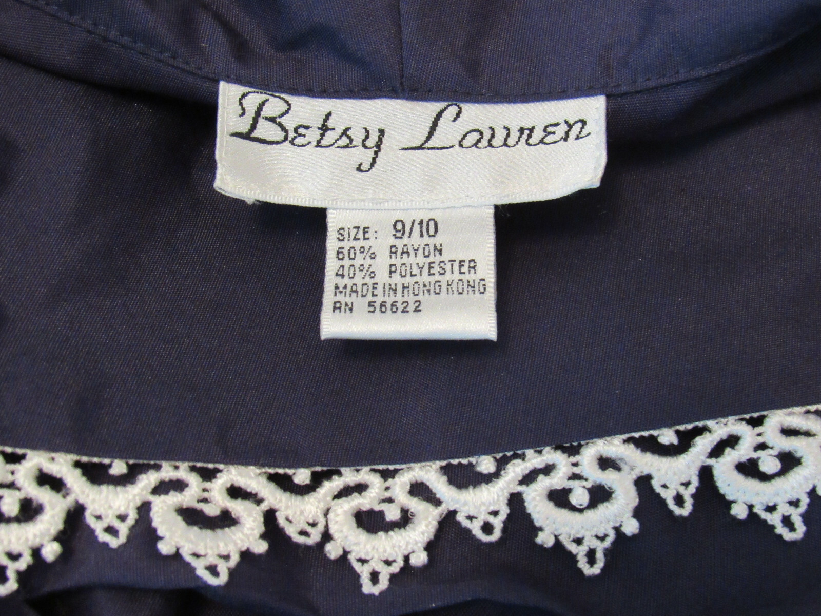 VTG 1970s 80s BETSY LAUREN BLUE DRESS SIZE 9-10 WHITE LACE TRIM BELT POLY RAYON