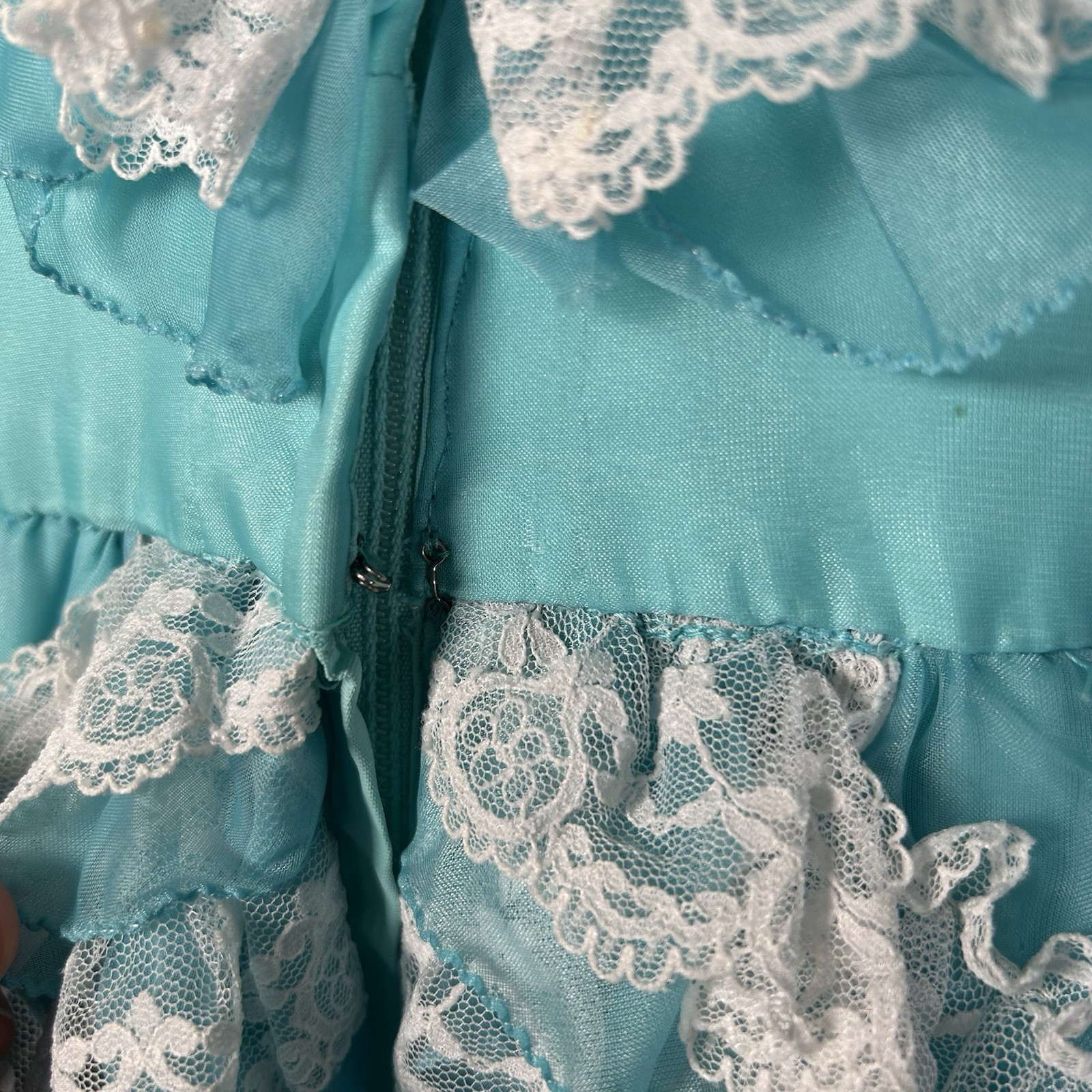 VTG 70s/80s Mike Benet Southern Belle Prairie Aqua Lace Organza Maxi Dress Sz S
