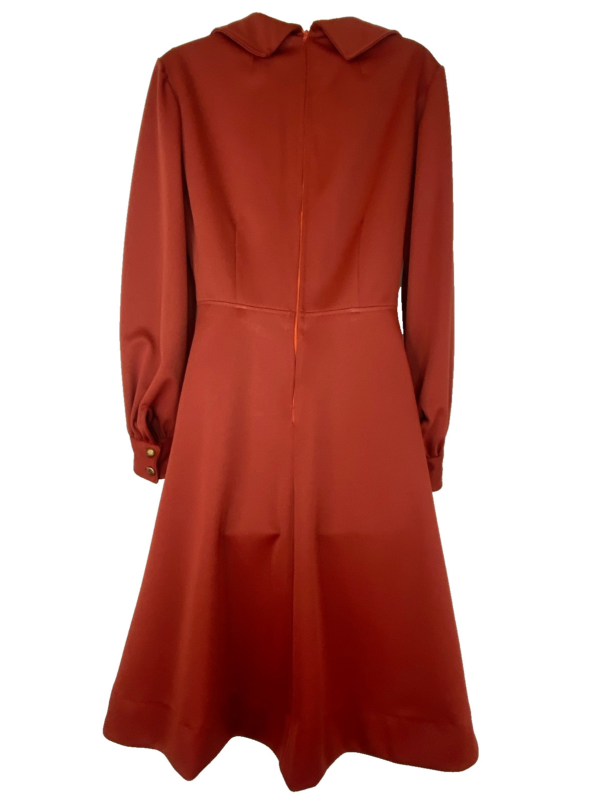 Vintage 1970s rust brown dress M L long sleeves collar red burnt orange A line