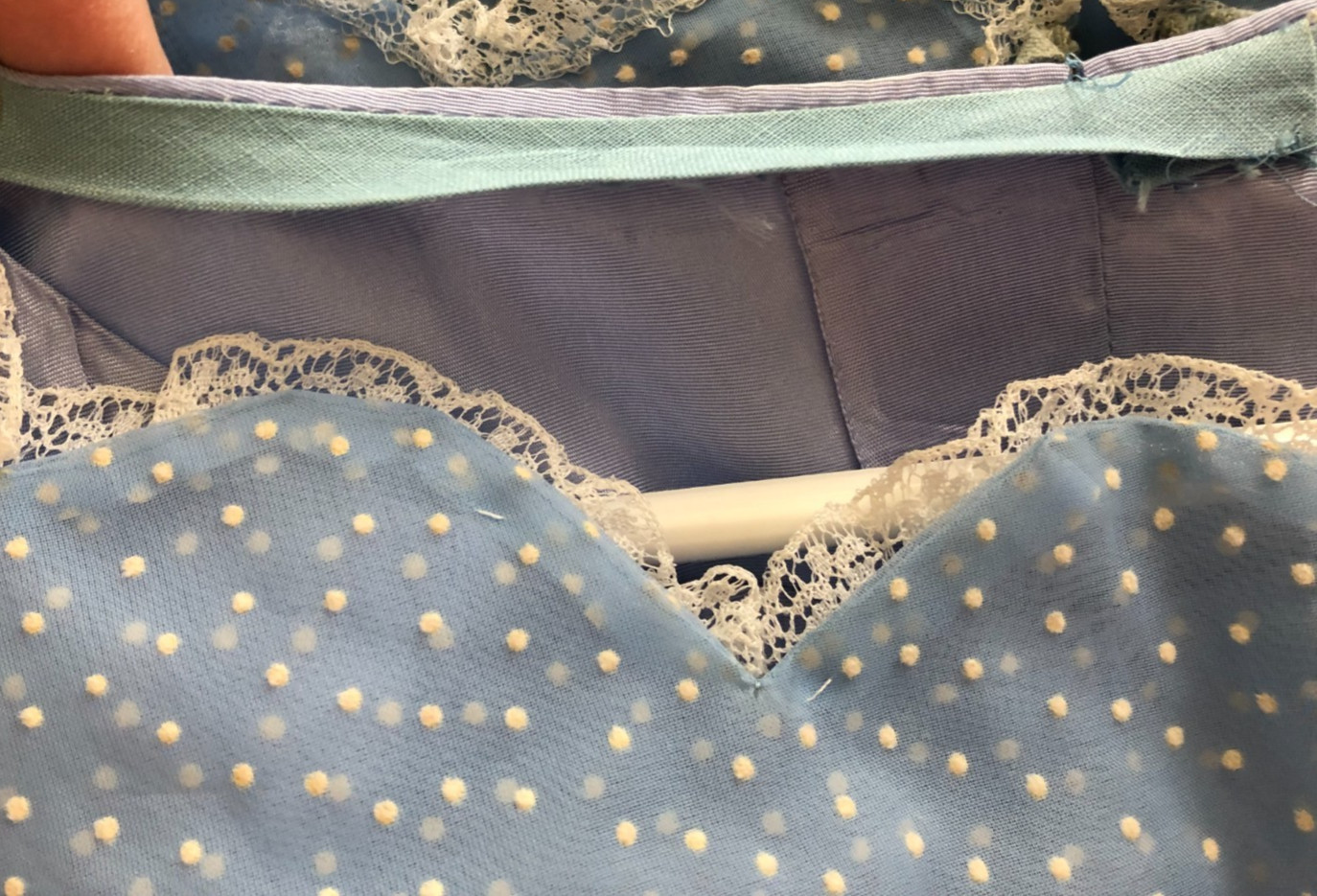 Vintage 1950s Handmade blue sheer dotted swiss womens dress lining& hair tie