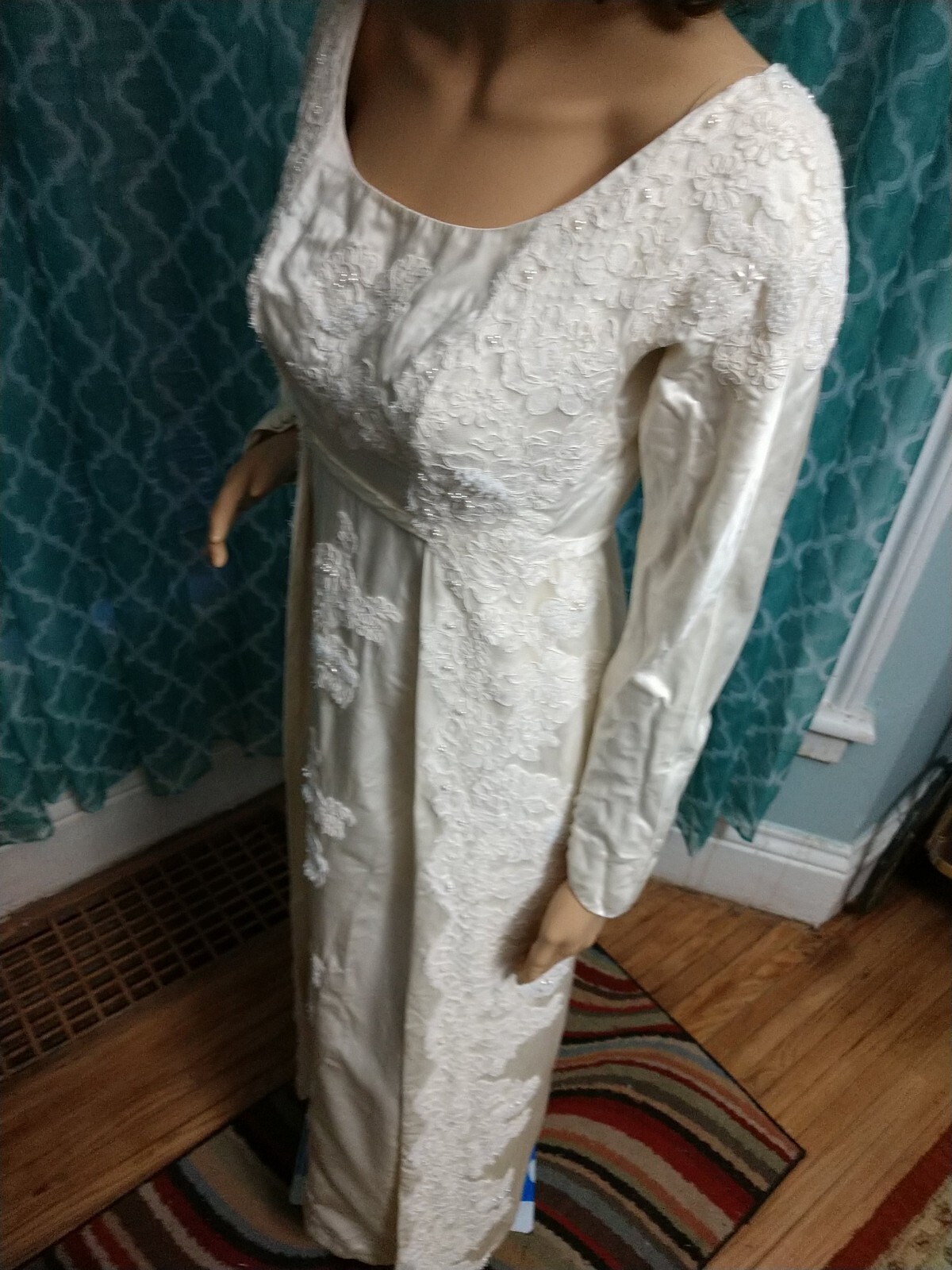 Vintage 1960’s Juliet champagne Satin Wedding gown Long Sleeves Empire waist