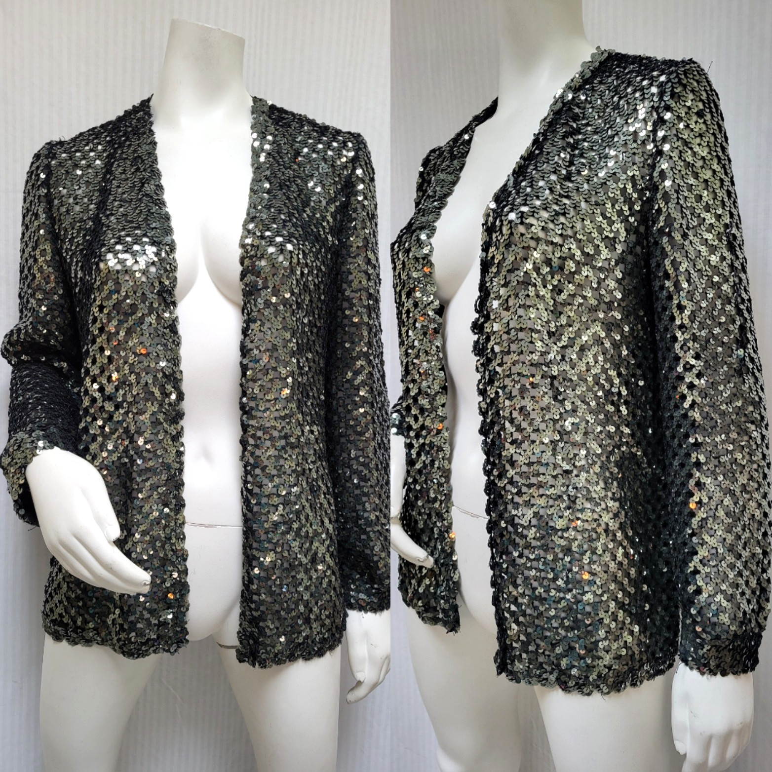 Vintage THREE FLAGGS California Black & Silver Sequined Cardigan Jacket – Size M